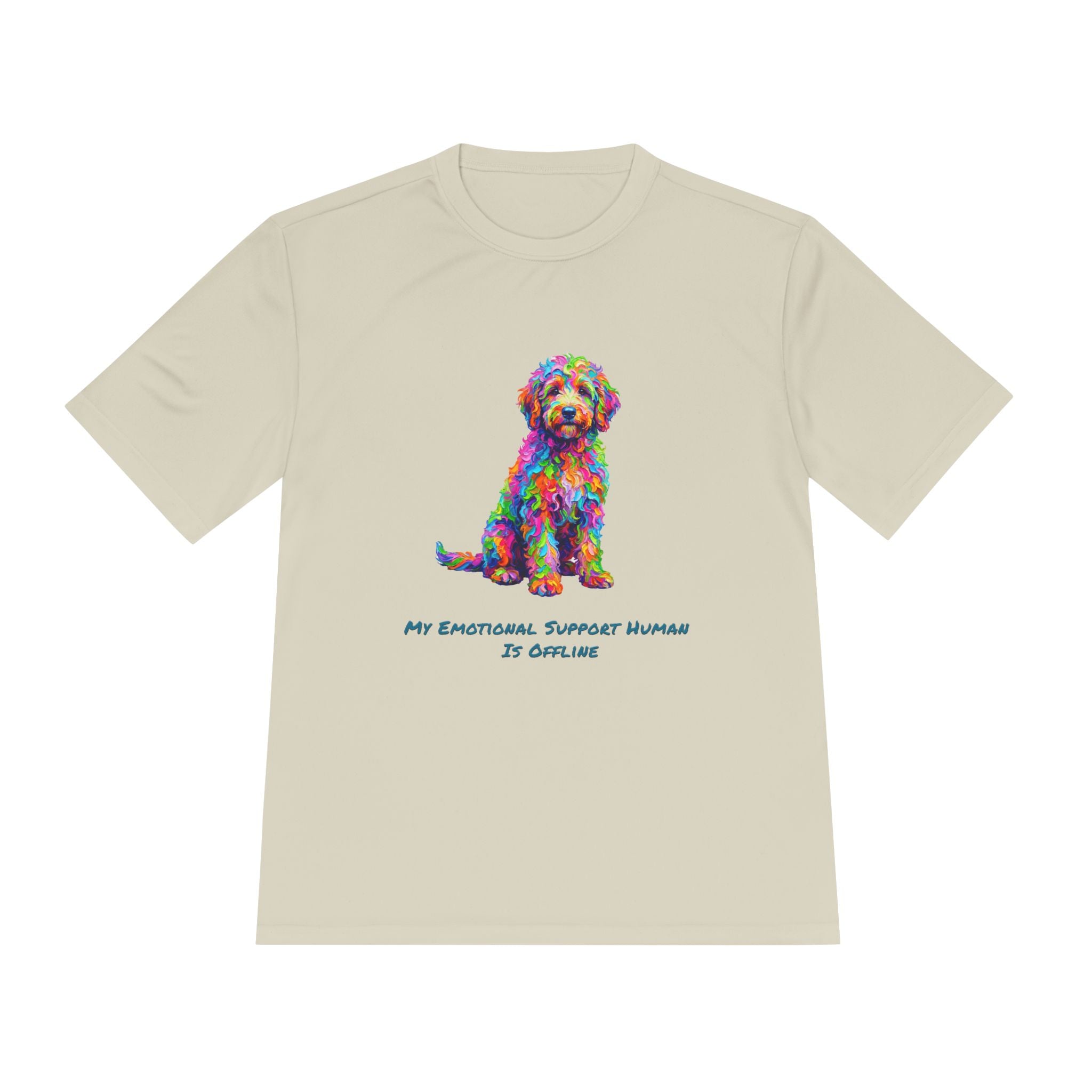 Rainbow Goldendoodle Performance Shirt — Colorful Dog Graphic Tee (My Emotional Support Human Is Offline)