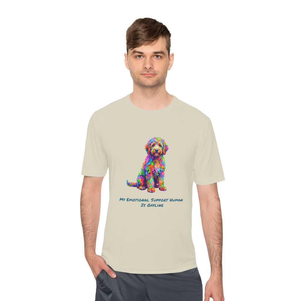 Rainbow Goldendoodle Performance Shirt — Colorful Dog Graphic Tee (My Emotional Support Human Is Offline)