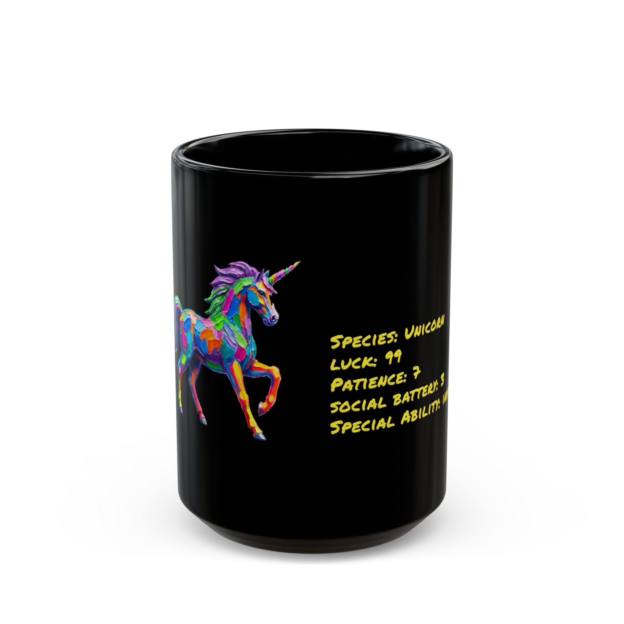Rainbow Unicorn Stats Card Black Coffee Mug (15oz)