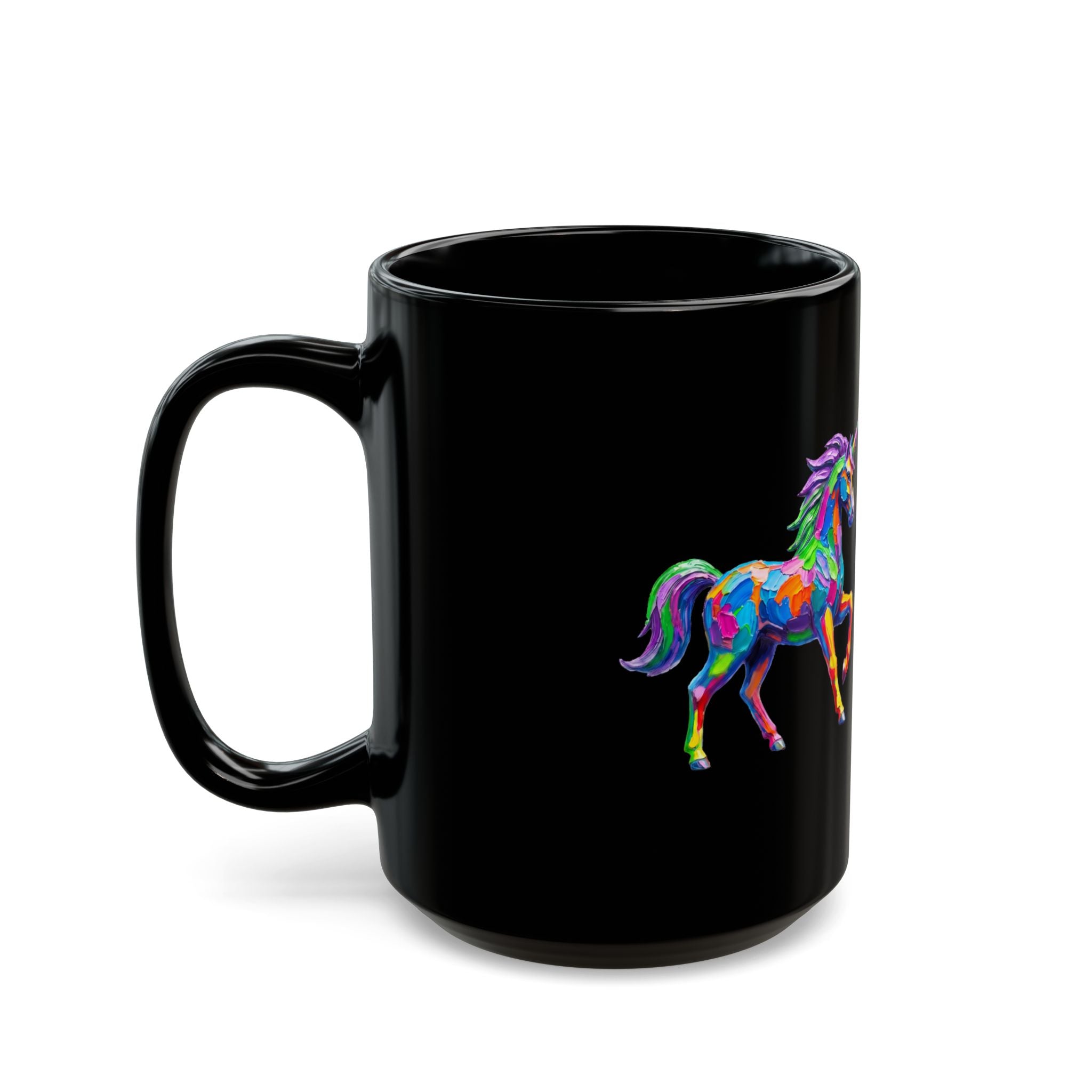 Rainbow Unicorn Stats Card Black Coffee Mug (15oz)