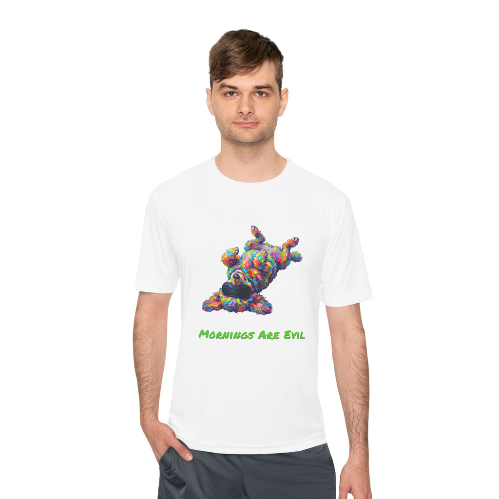 Mornings Are Evil Performance Shirt — Colorful Lazy Dog Graphic Tee