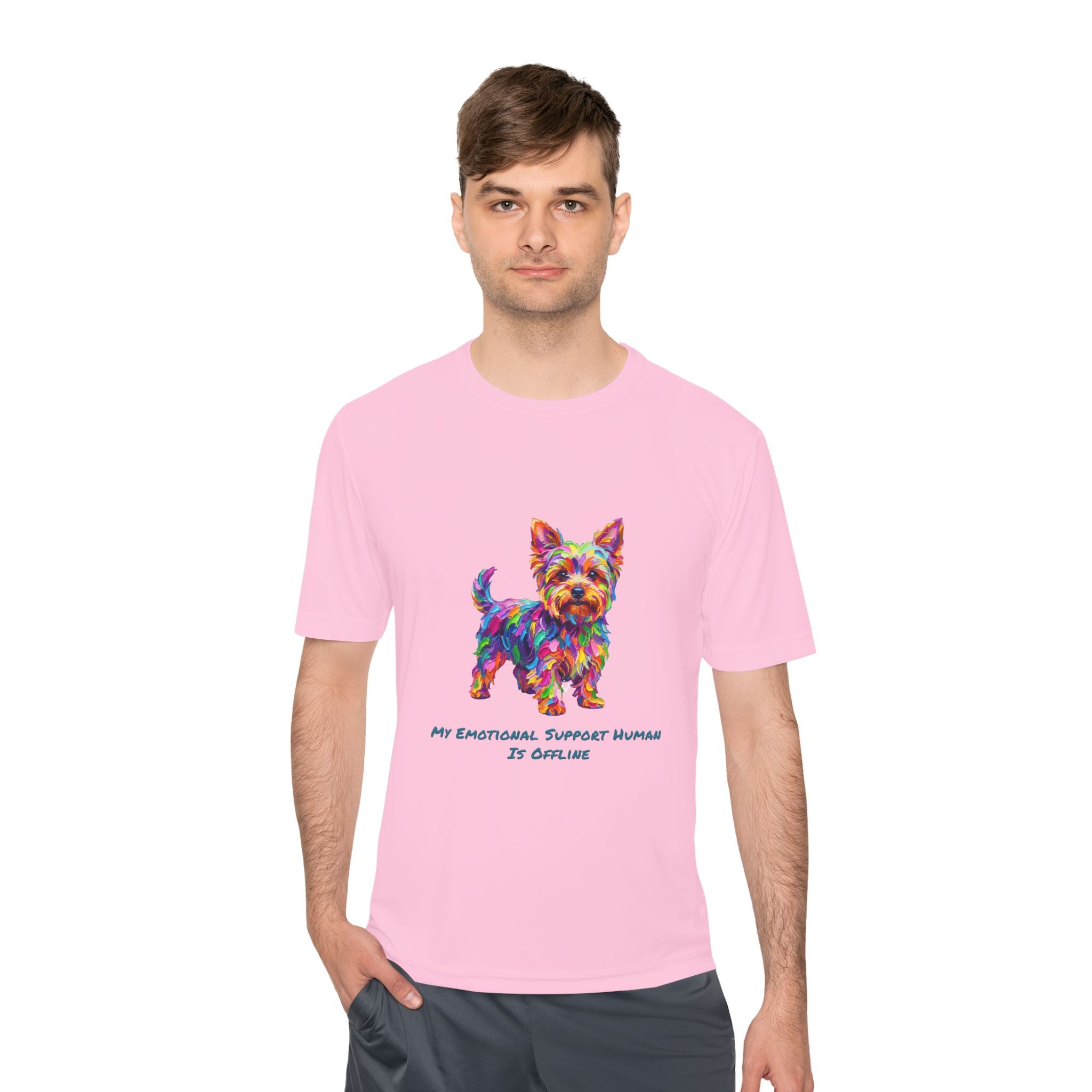 Yorkie Performance Shirt — Colorful Dog Graphic Tee (My Emotional Support Human Is Offline)