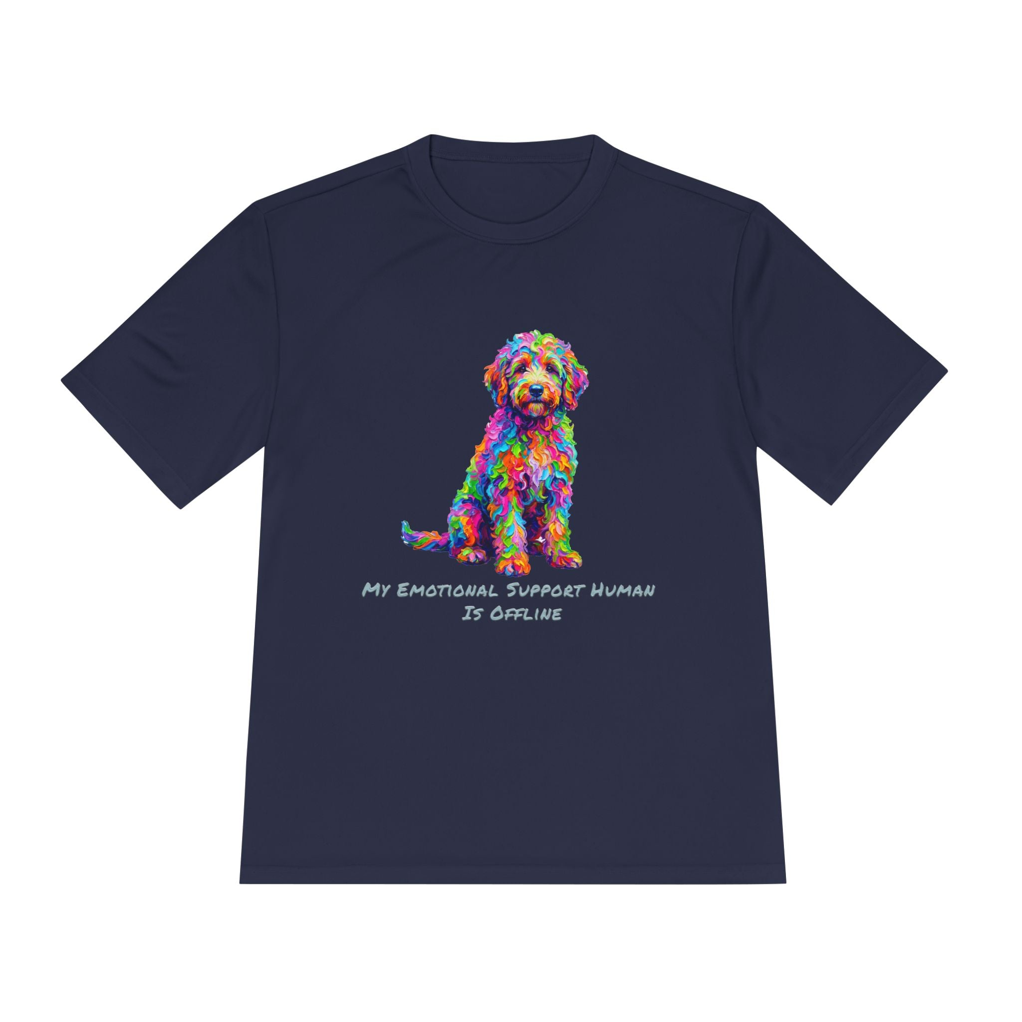 Rainbow Goldendoodle Performance Shirt — Colorful Dog Graphic Tee (My Emotional Support Human Is Offline)
