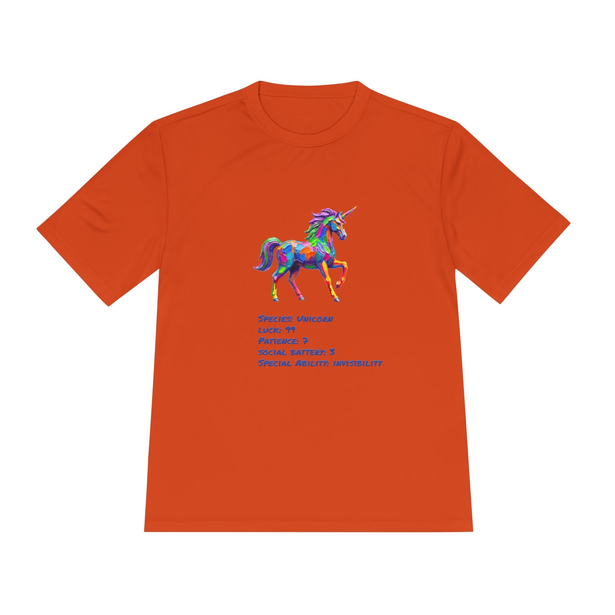 Unicorn Stat Card Moisture Wicking Shirt — "Special Ability: Invisibility"
