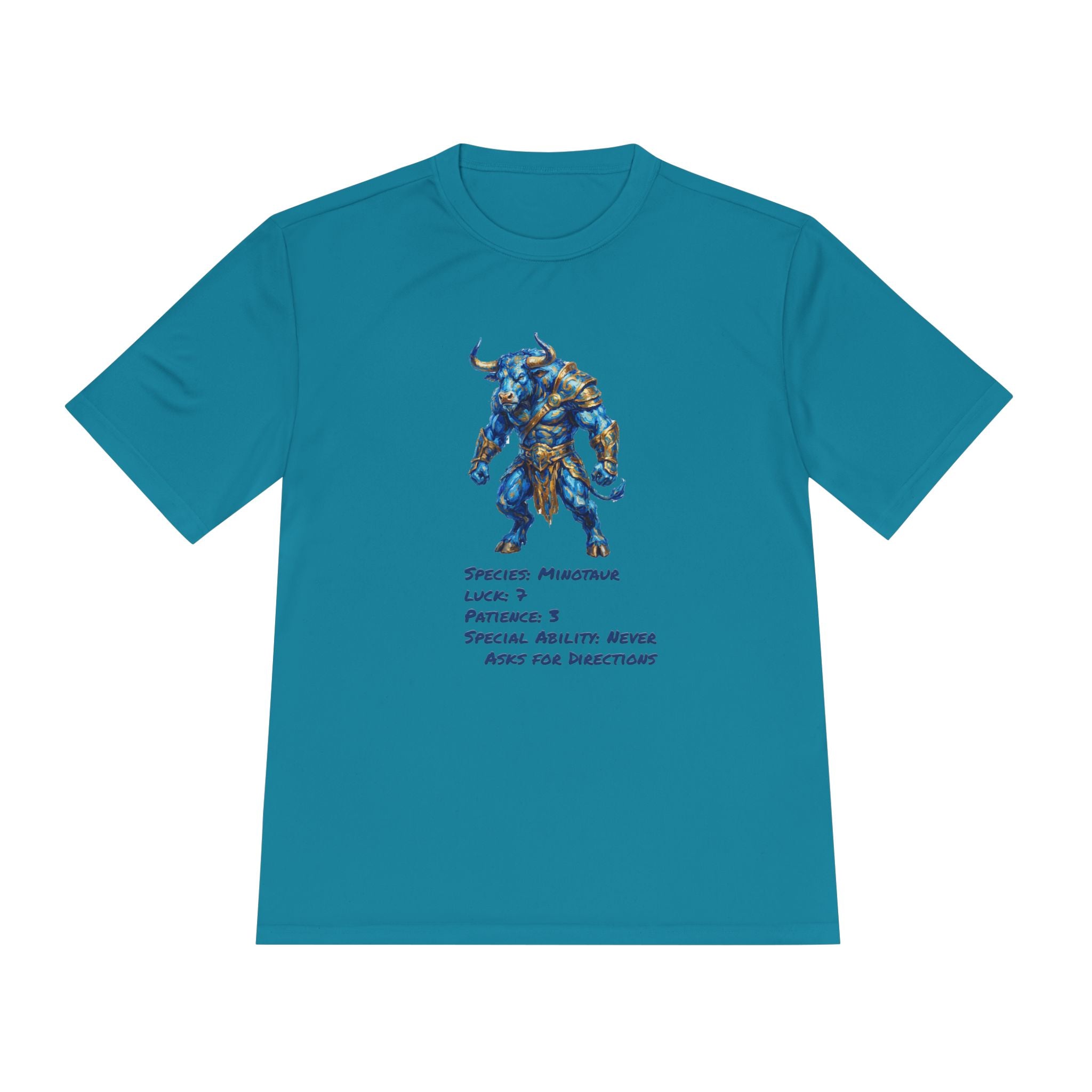 Minotaur RPG Character Moisture Wicking Shirt — "Special Ability: Never Asks for Directions"