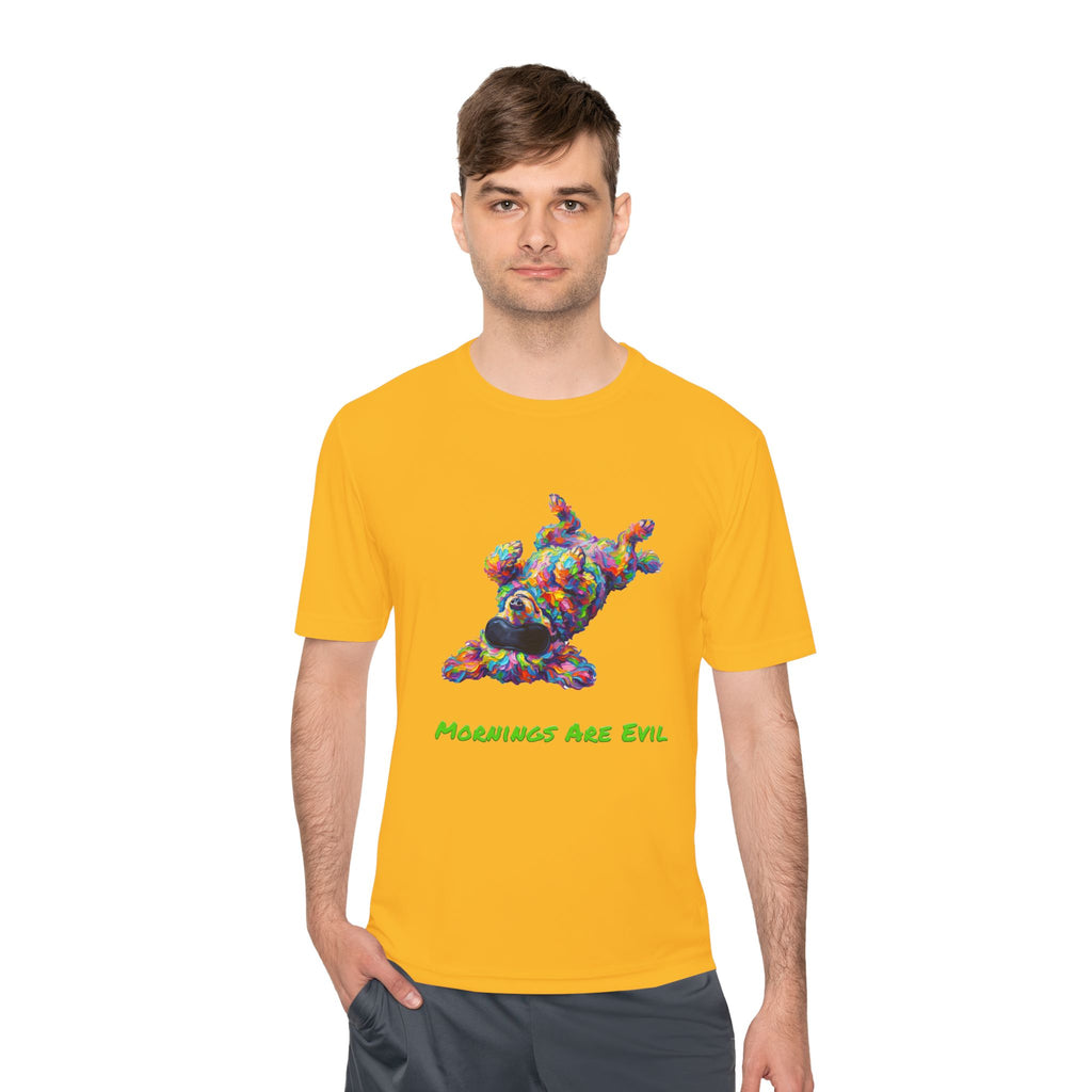 Mornings Are Evil Performance Shirt — Colorful Lazy Dog Graphic Tee