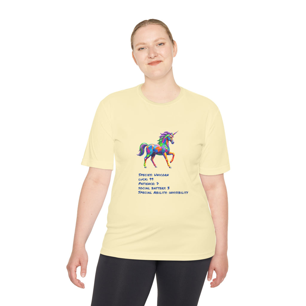 Unicorn Stat Card Moisture Wicking Shirt — "Special Ability: Invisibility"