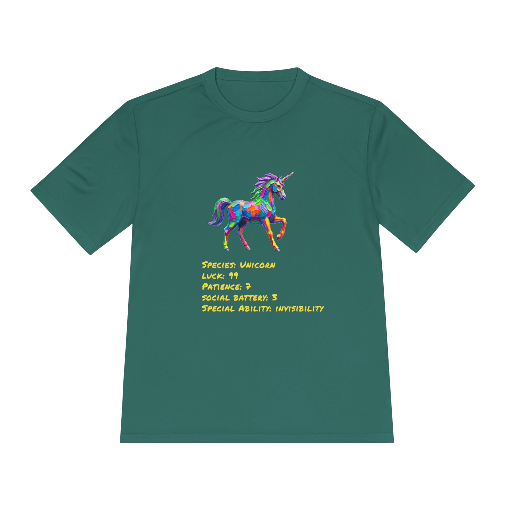 Unicorn Stat Card Moisture Wicking Shirt — "Special Ability: Invisibility"