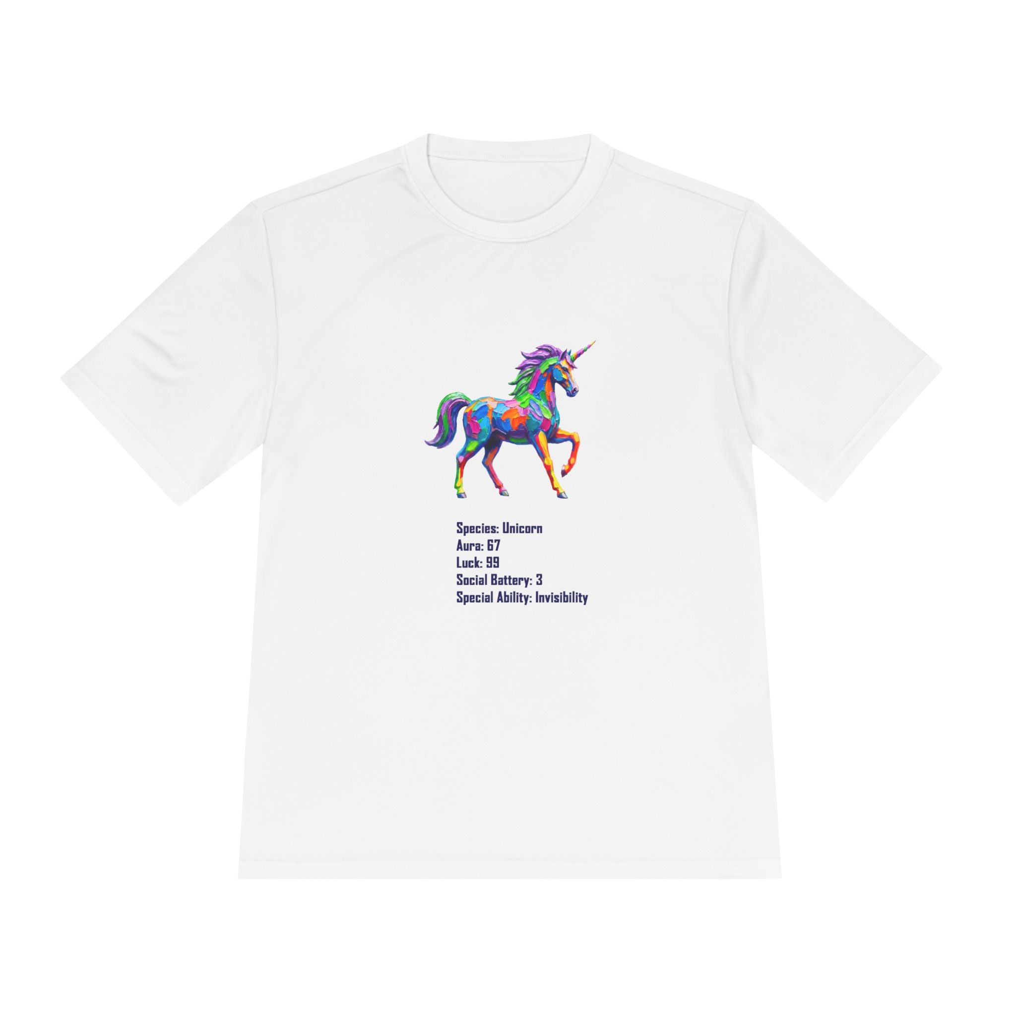 Unicorn Stat Card Moisture Wicking Shirt — "Special Ability: Invisibility"