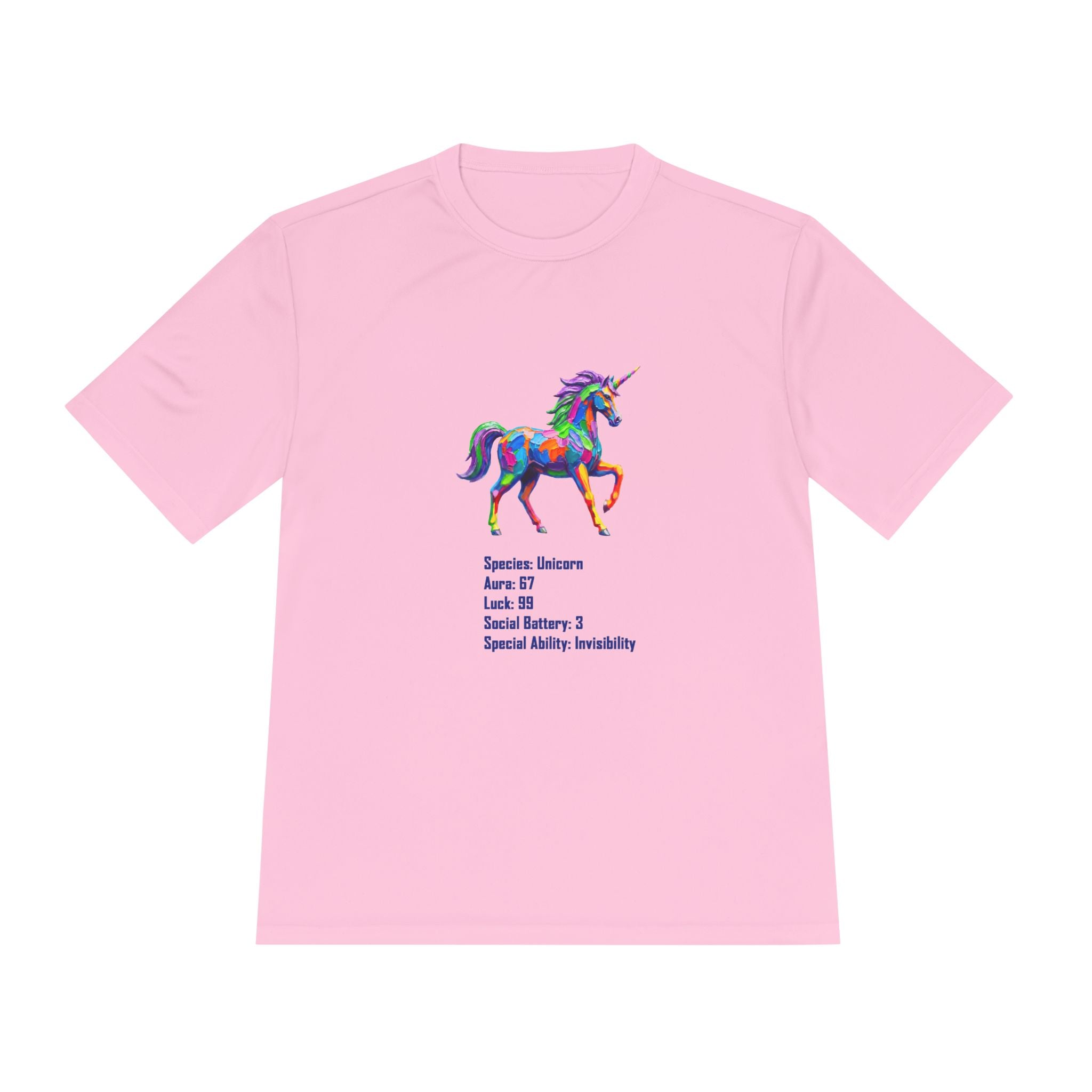 Unicorn Stat Card Moisture Wicking Shirt — "Special Ability: Invisibility"
