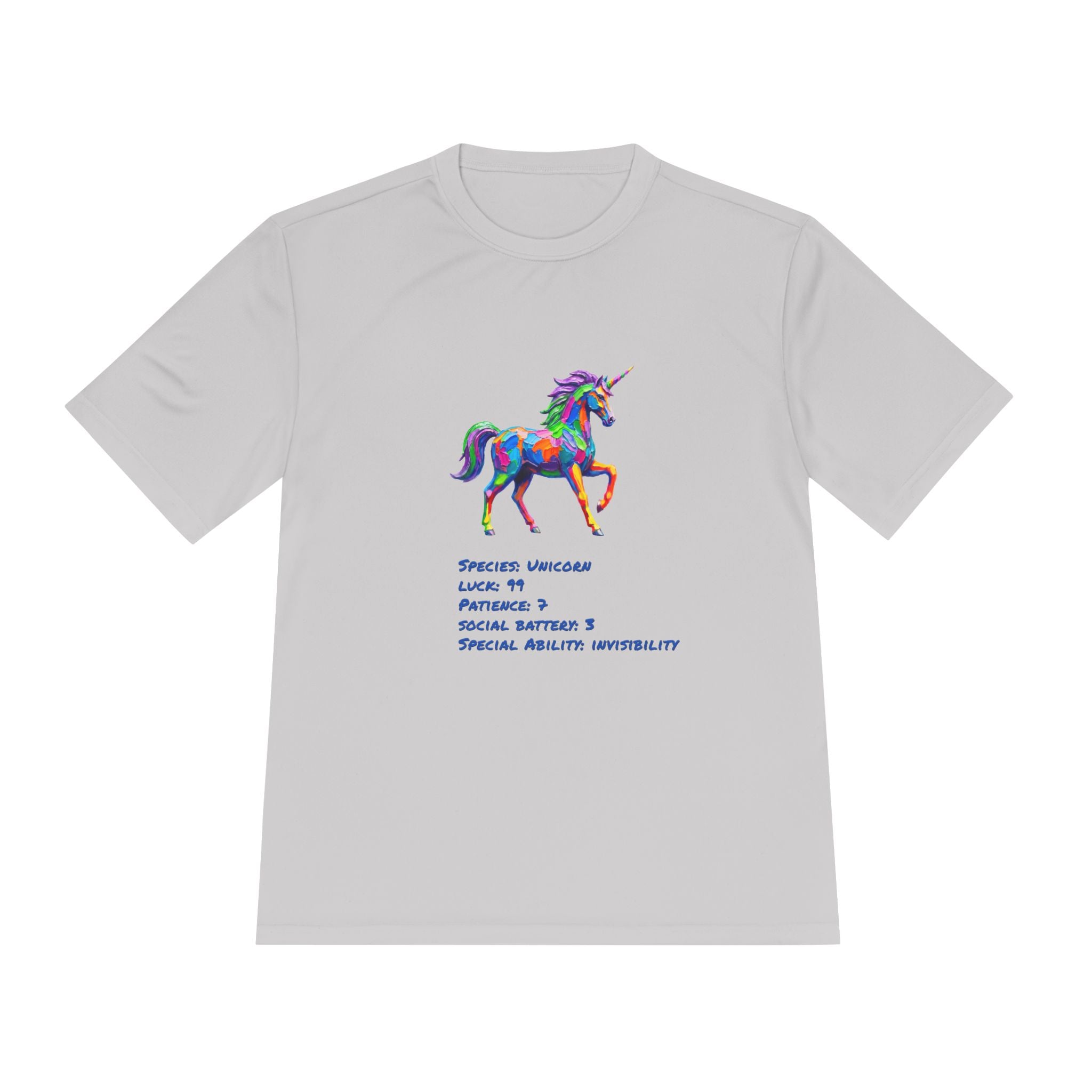 Unicorn Stat Card Moisture Wicking Shirt — "Special Ability: Invisibility"
