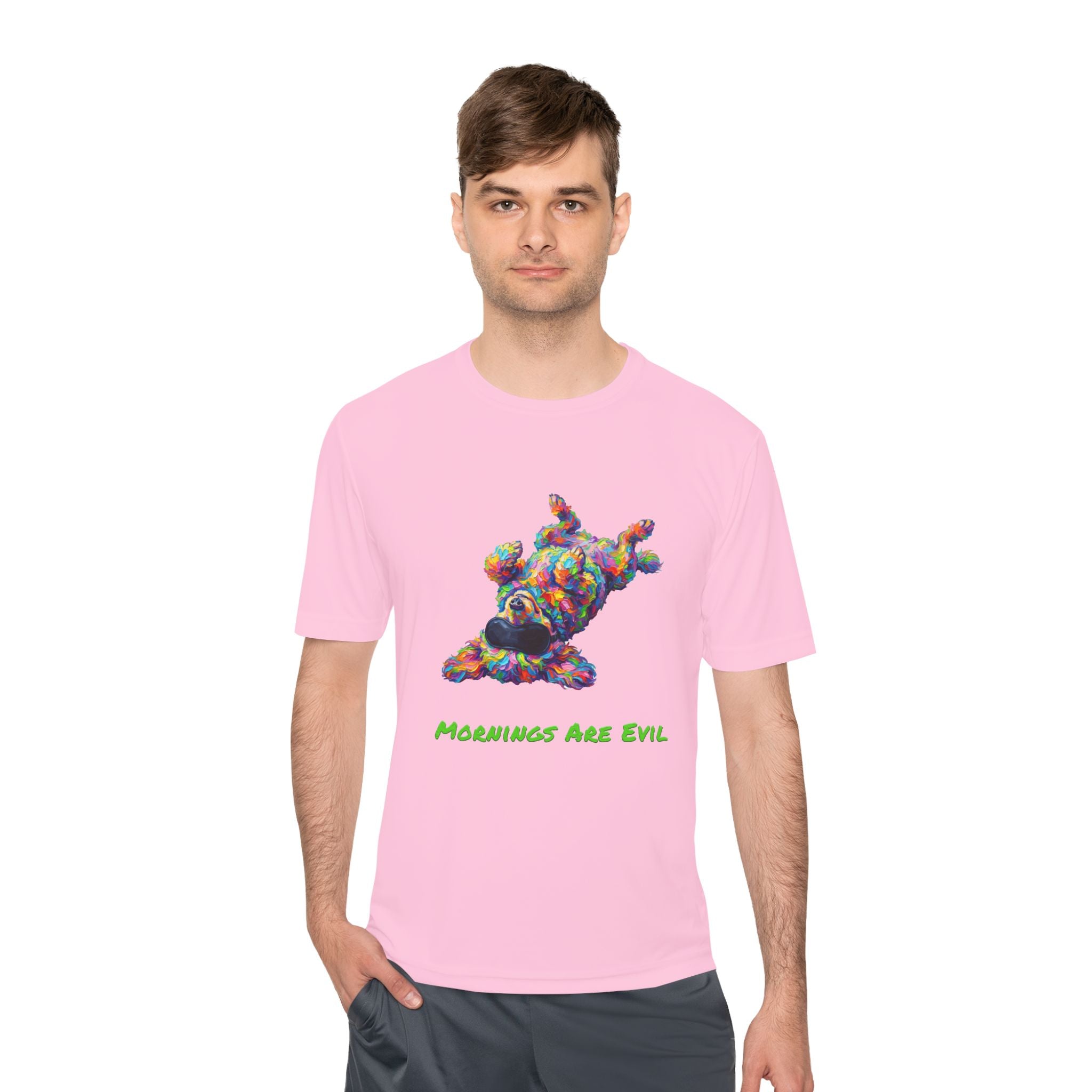 Mornings Are Evil Performance Shirt — Colorful Lazy Dog Graphic Tee