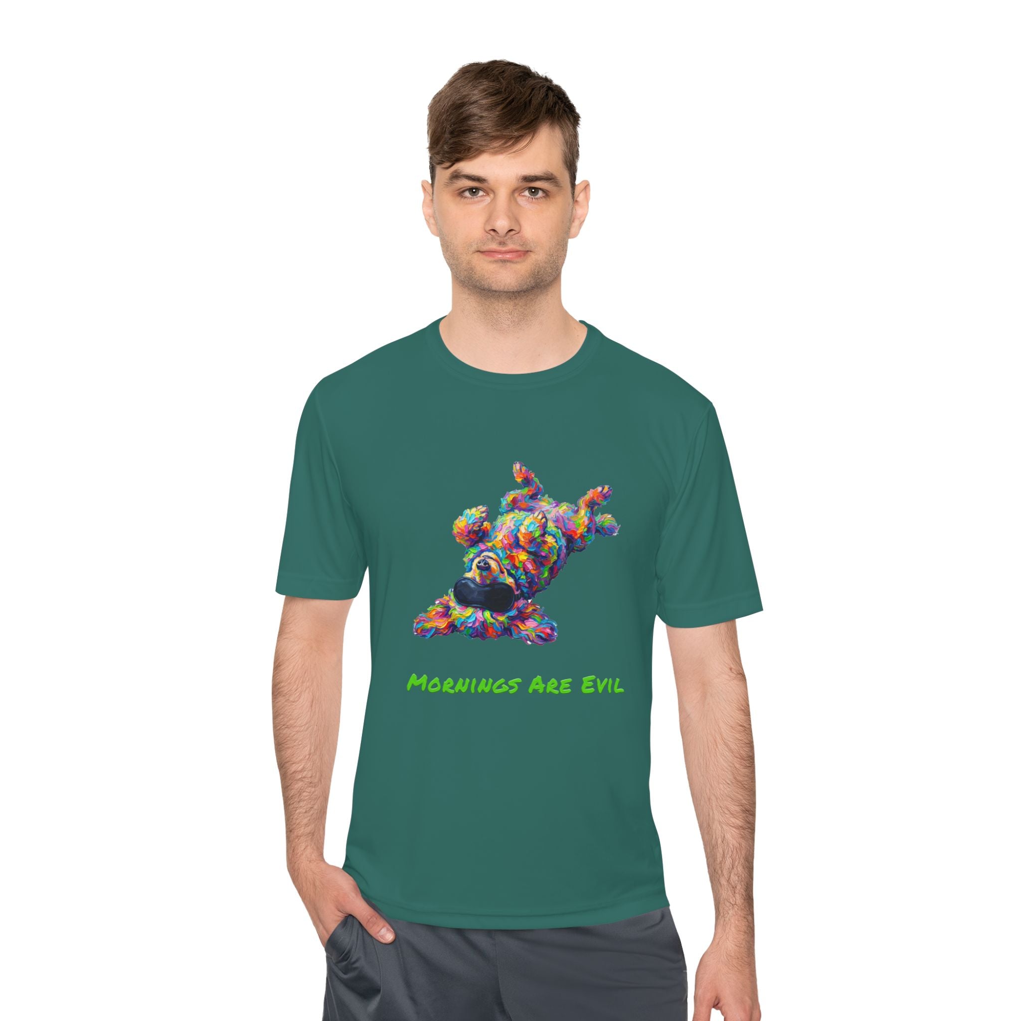 Mornings Are Evil Performance Shirt — Colorful Lazy Dog Graphic Tee