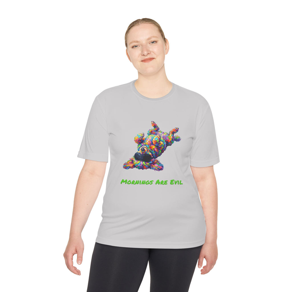 Mornings Are Evil Performance Shirt — Colorful Lazy Dog Graphic Tee