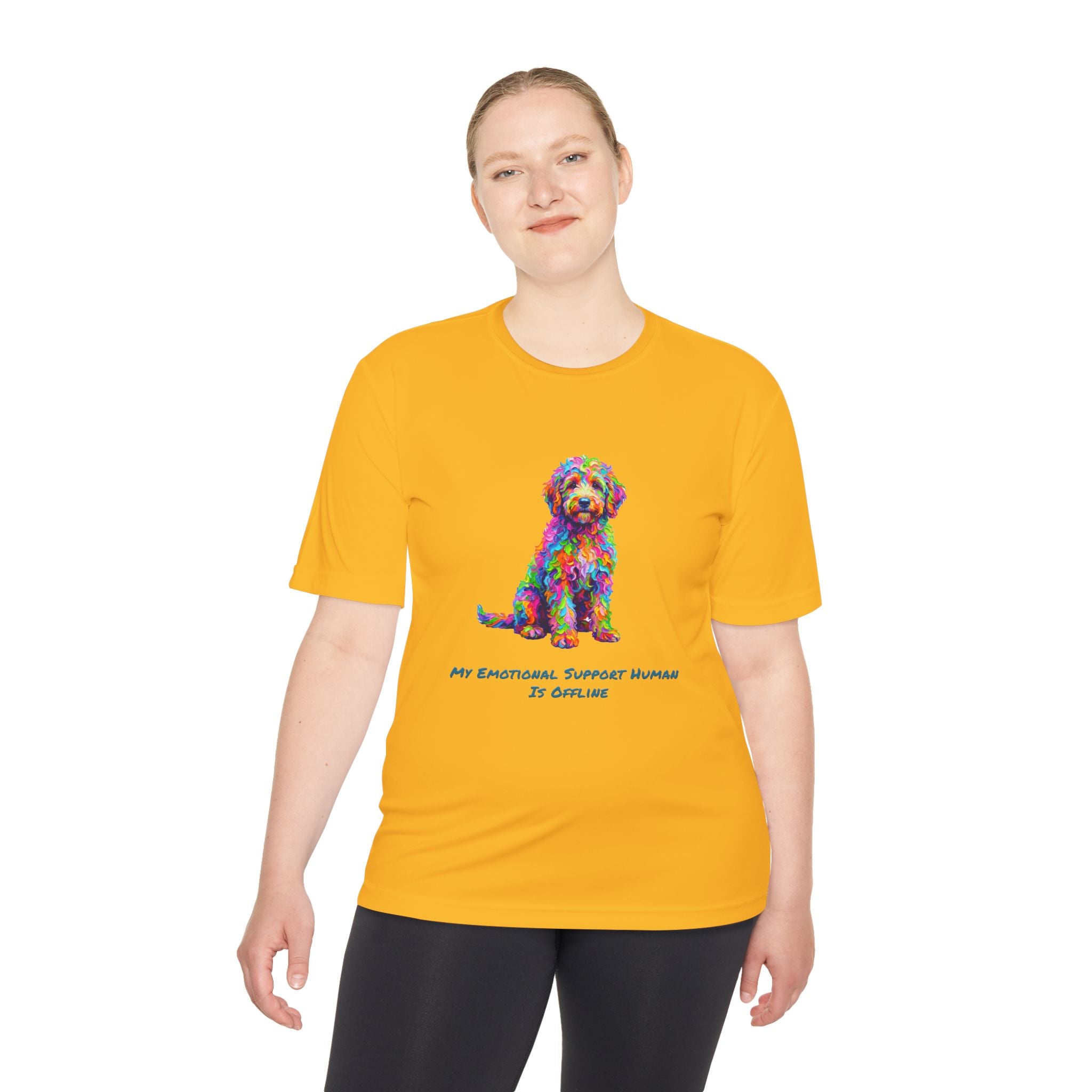 Rainbow Goldendoodle Performance Shirt — Colorful Dog Graphic Tee (My Emotional Support Human Is Offline)
