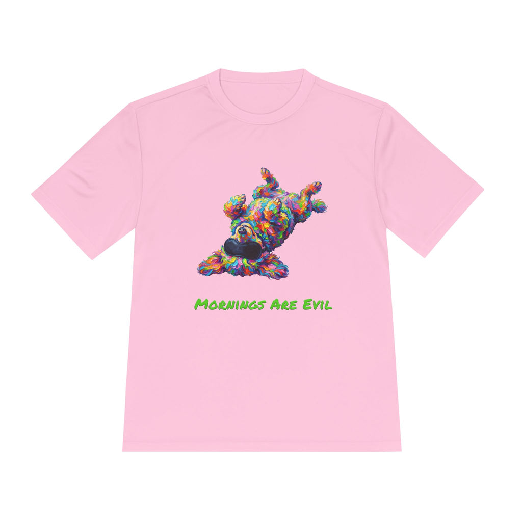 Mornings Are Evil Performance Shirt — Colorful Lazy Dog Graphic Tee