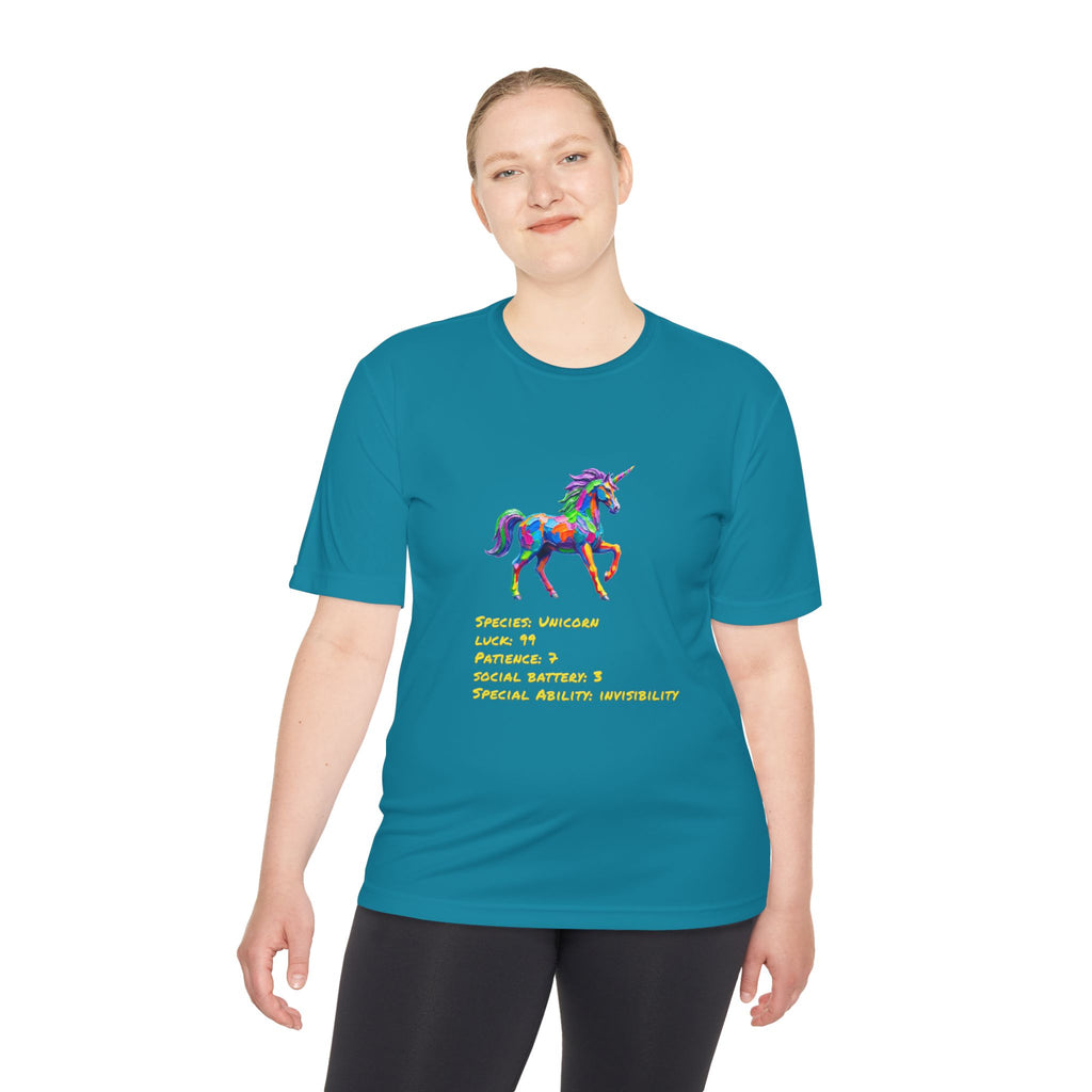 Unicorn Stat Card Moisture Wicking Shirt — "Special Ability: Invisibility"