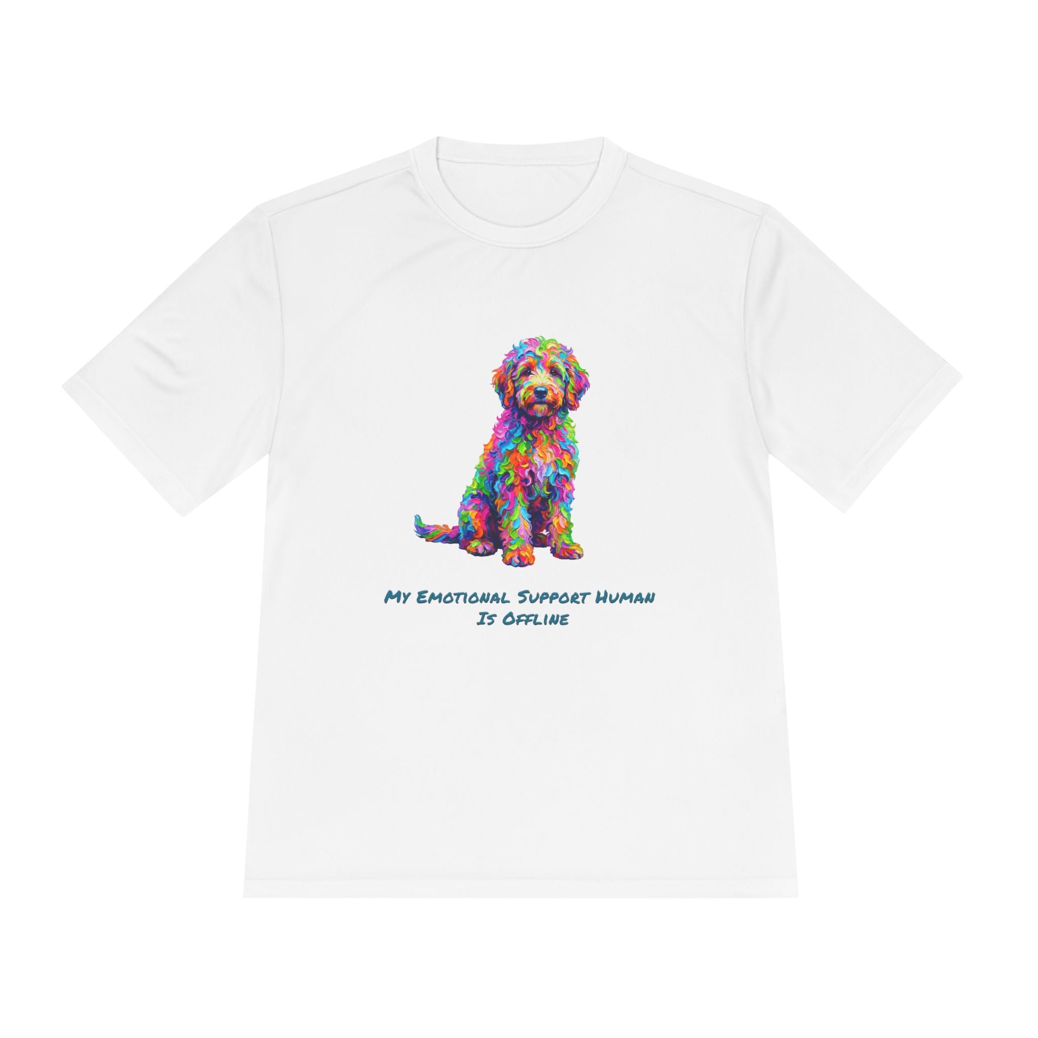 Rainbow Goldendoodle Performance Shirt — Colorful Dog Graphic Tee (My Emotional Support Human Is Offline)