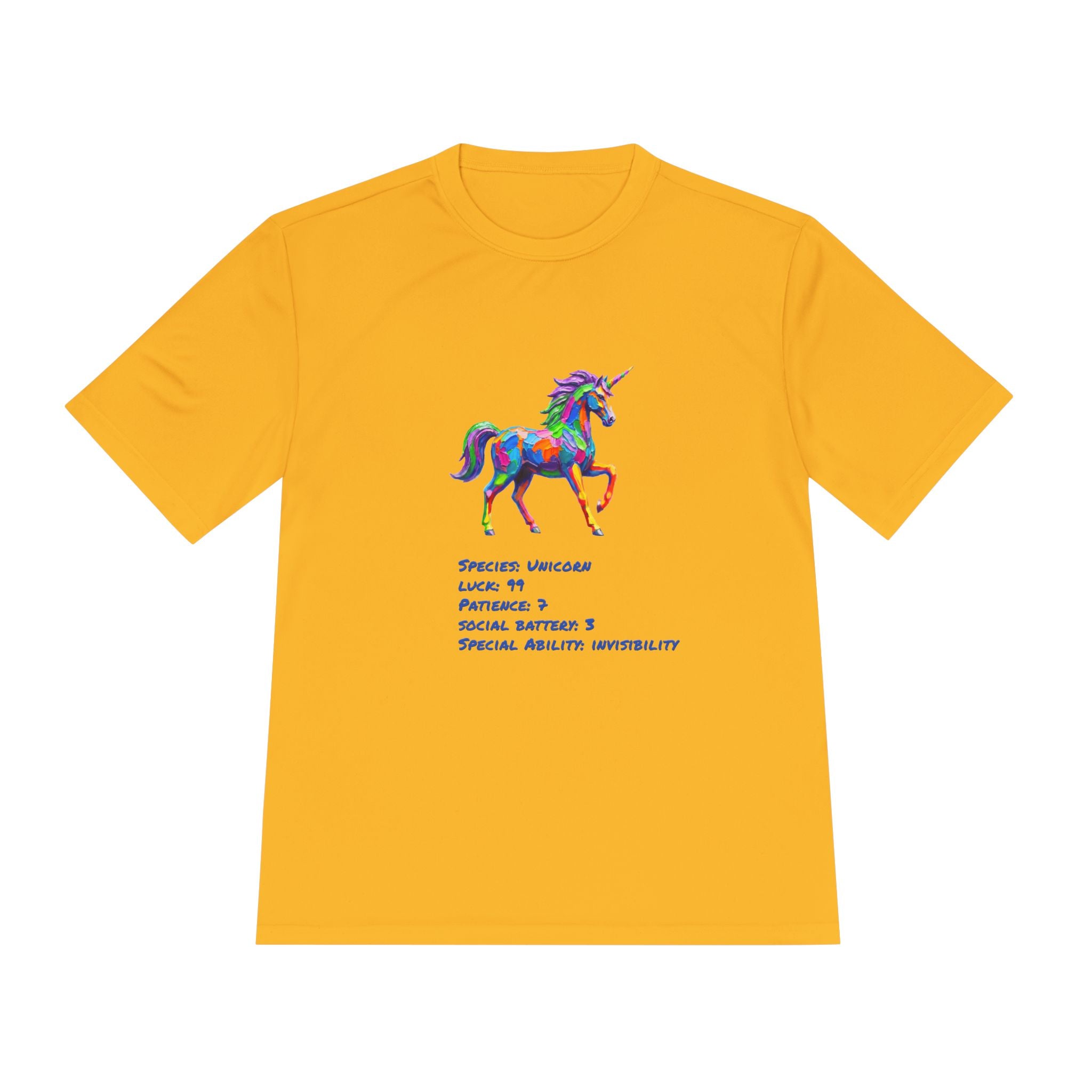 Unicorn Stat Card Moisture Wicking Shirt — "Special Ability: Invisibility"