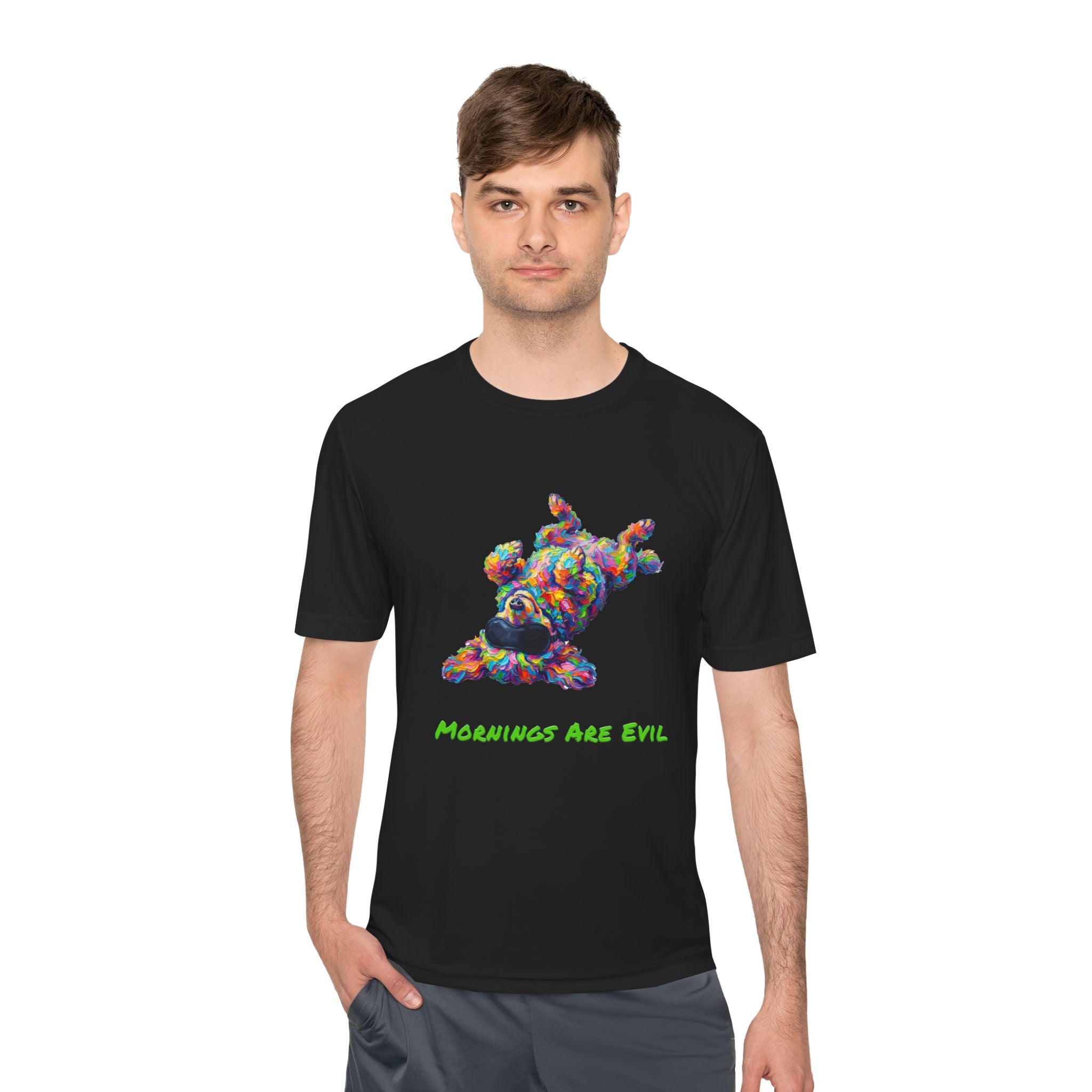 Mornings Are Evil Performance Shirt — Colorful Lazy Dog Graphic Tee