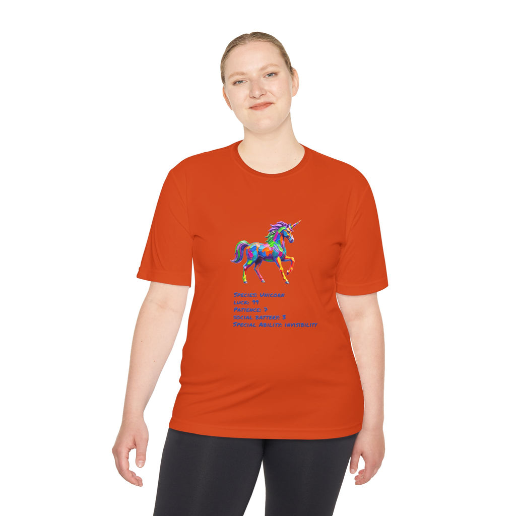 Unicorn Stat Card Moisture Wicking Shirt — "Special Ability: Invisibility"