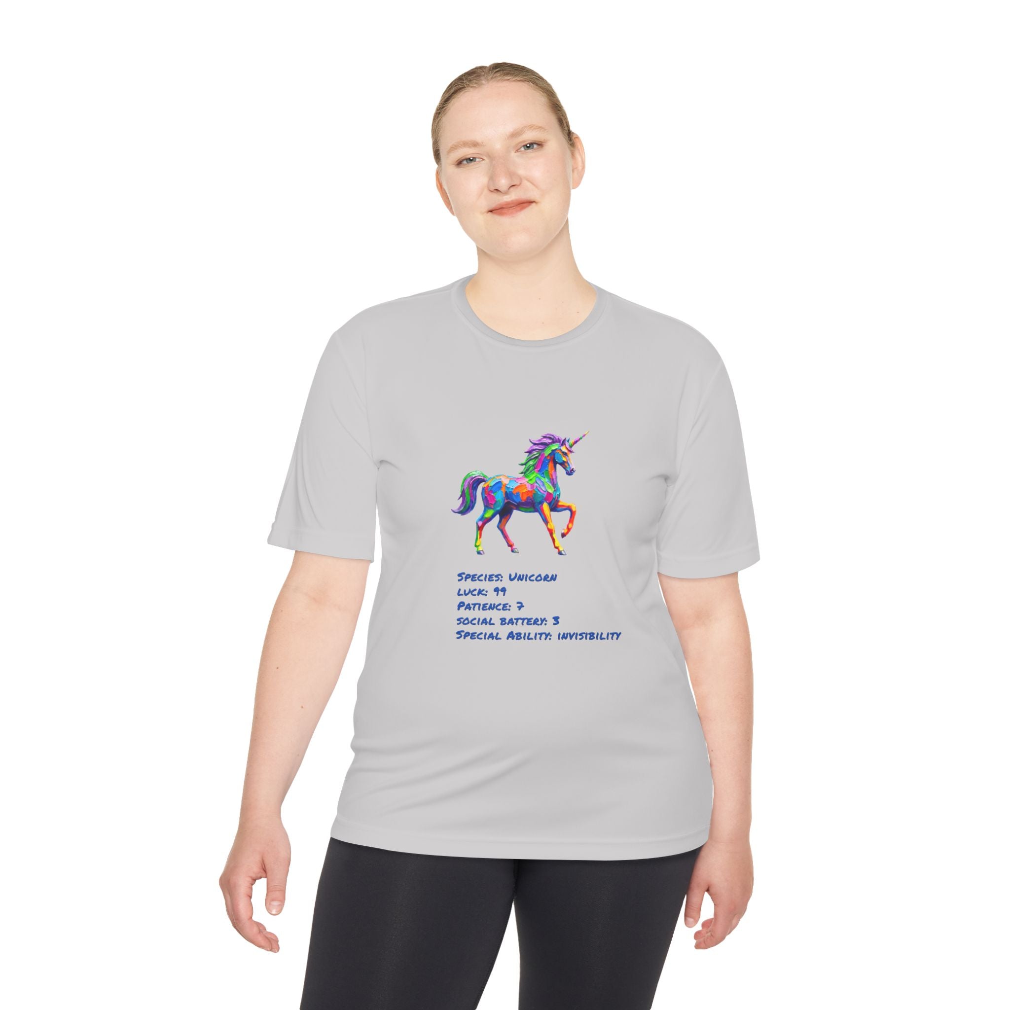 Unicorn Stat Card Moisture Wicking Shirt — "Special Ability: Invisibility"