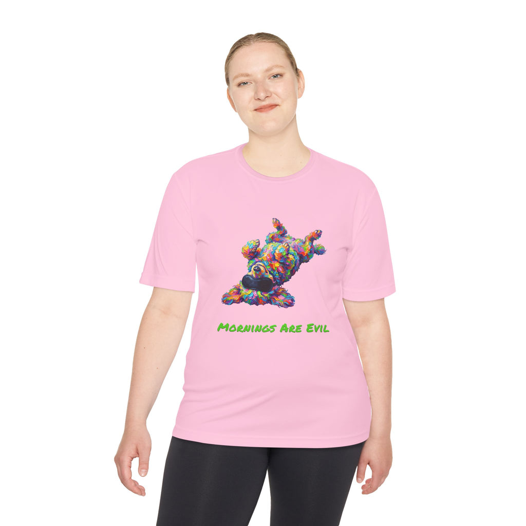 Mornings Are Evil Performance Shirt — Colorful Lazy Dog Graphic Tee