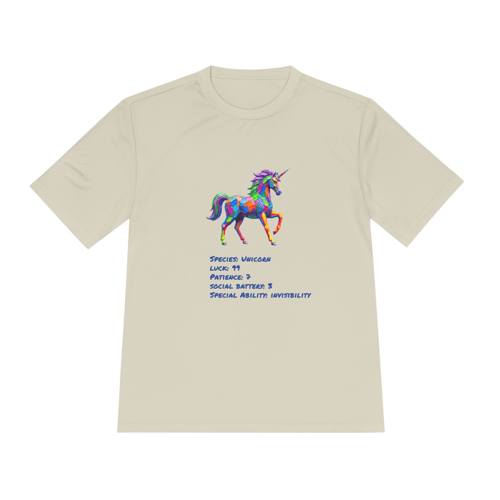 Unicorn Stat Card Moisture Wicking Shirt — "Special Ability: Invisibility"