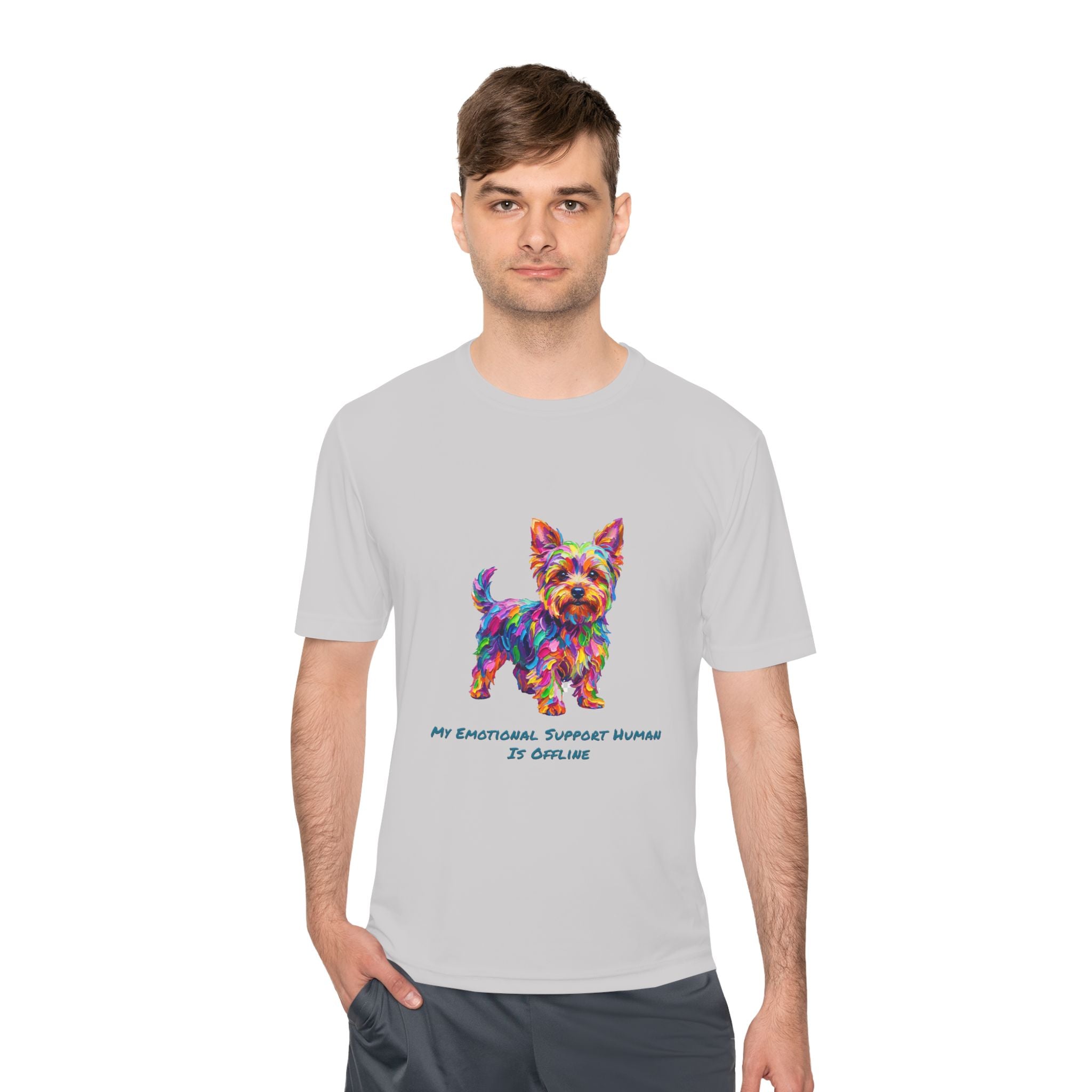 Yorkie Performance Shirt — Colorful Dog Graphic Tee (My Emotional Support Human Is Offline)