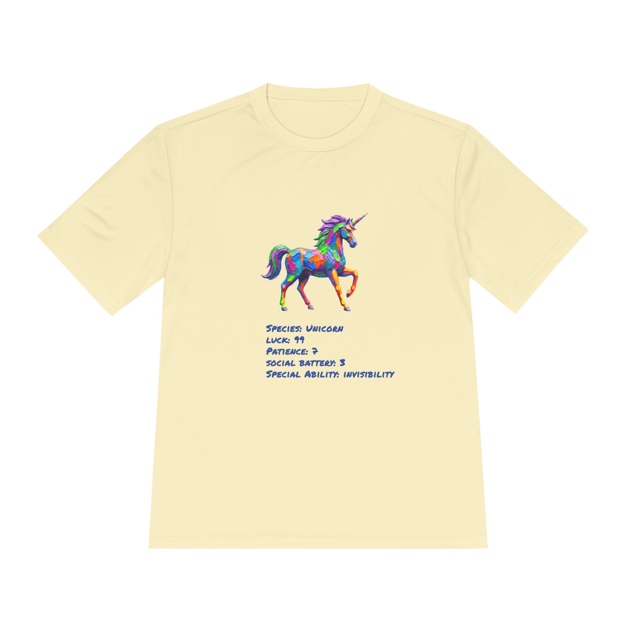 Unicorn Stat Card Moisture Wicking Shirt — "Special Ability: Invisibility"