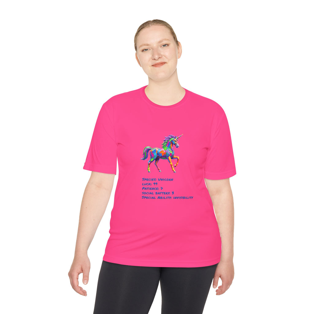 Unicorn Stat Card Moisture Wicking Shirt — "Special Ability: Invisibility"