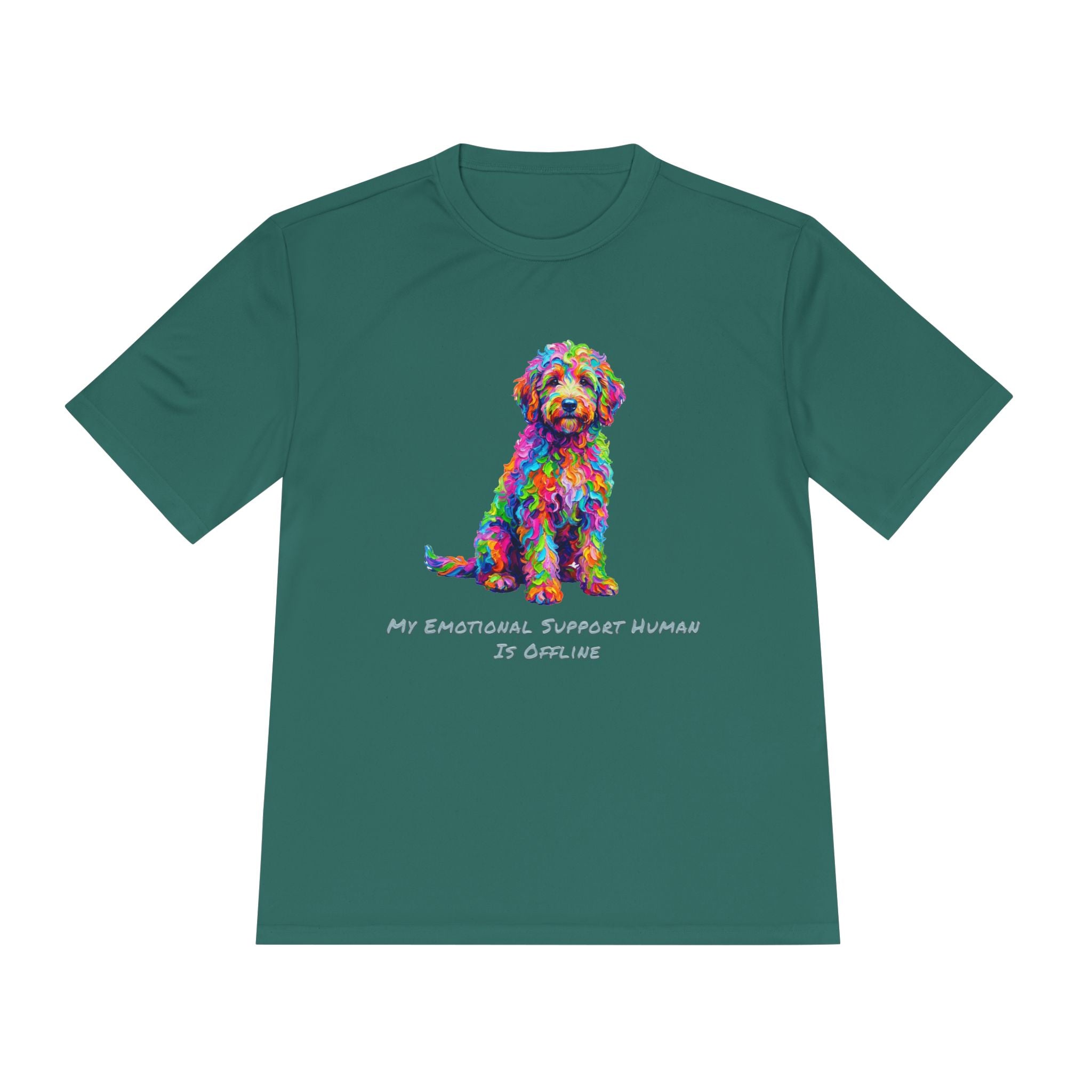 Rainbow Goldendoodle Performance Shirt — Colorful Dog Graphic Tee (My Emotional Support Human Is Offline)