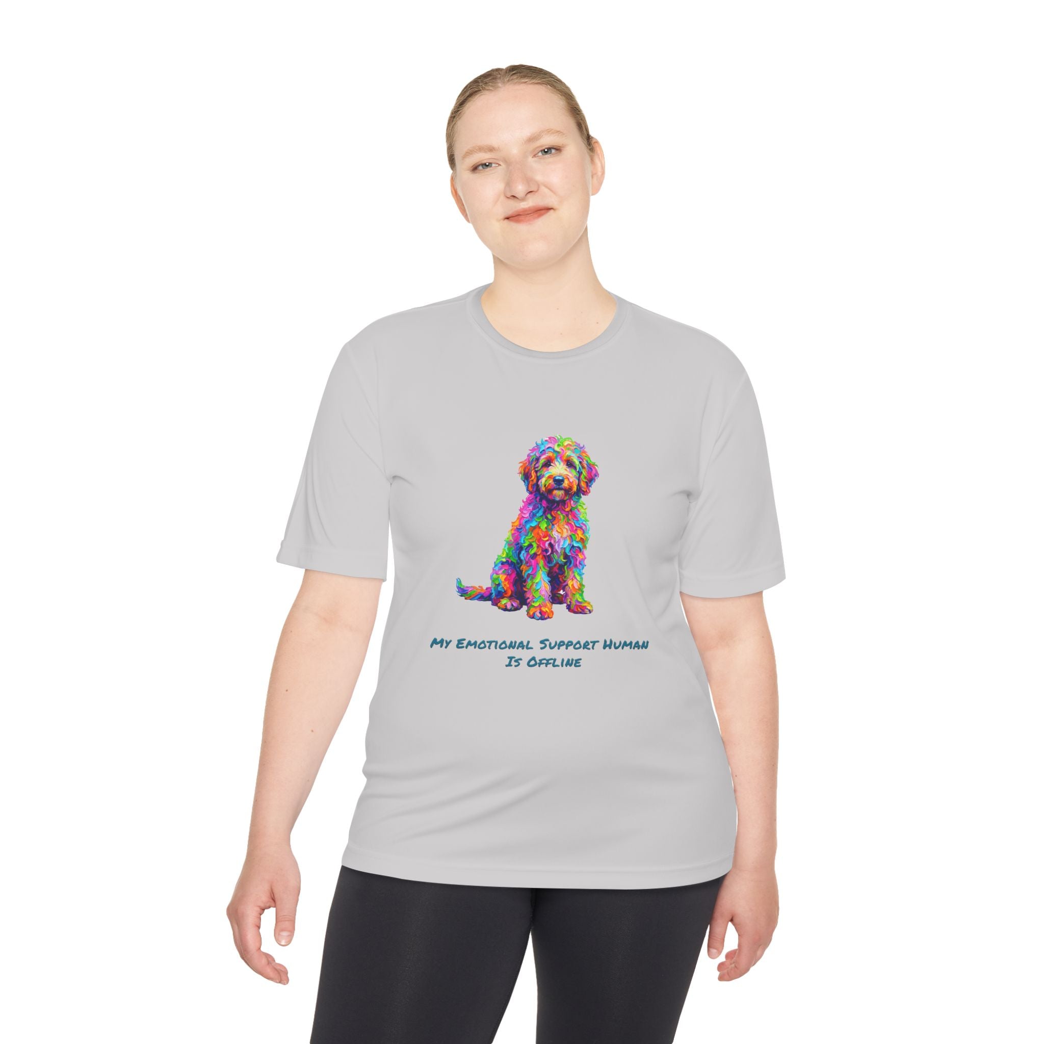 Rainbow Goldendoodle Performance Shirt — Colorful Dog Graphic Tee (My Emotional Support Human Is Offline)