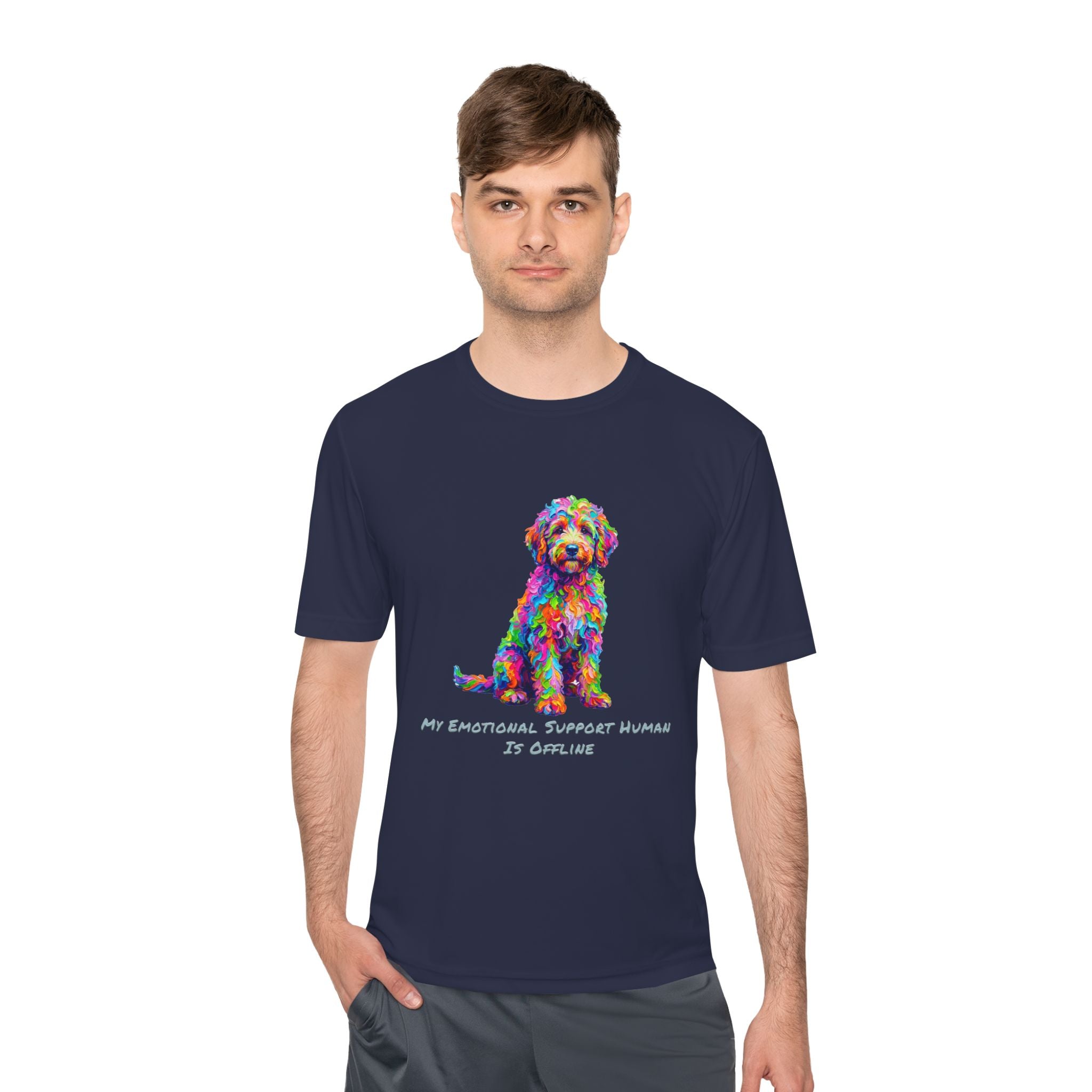 Rainbow Goldendoodle Performance Shirt — Colorful Dog Graphic Tee (My Emotional Support Human Is Offline)