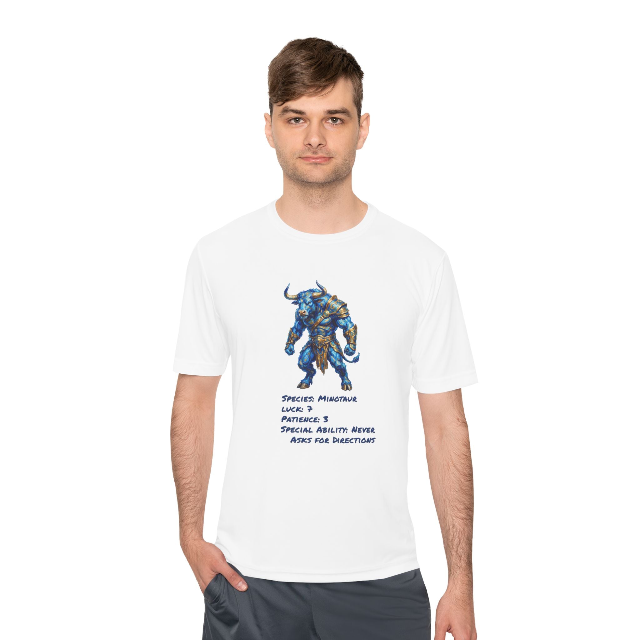 Minotaur RPG Character Moisture Wicking Shirt — "Special Ability: Never Asks for Directions"