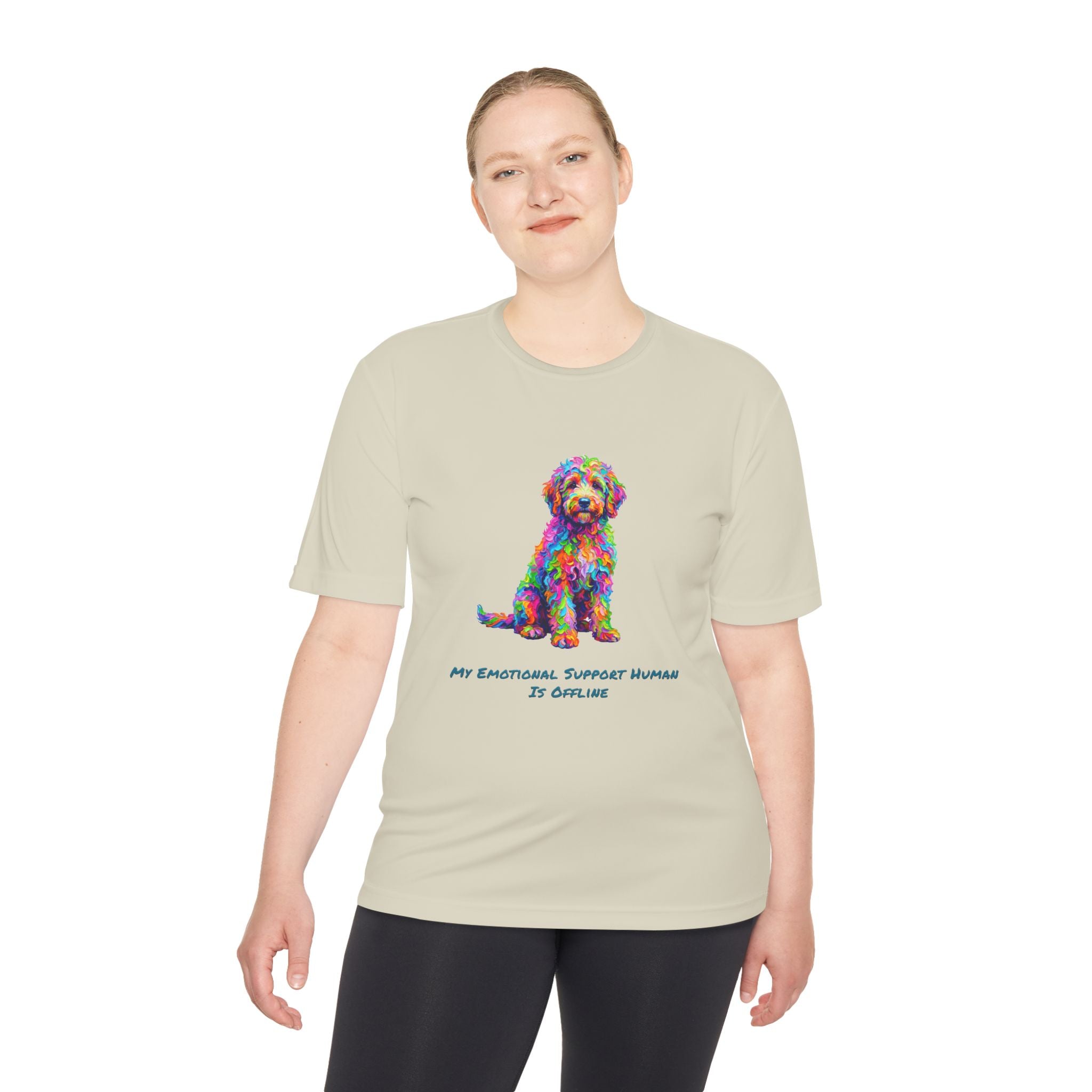 Rainbow Goldendoodle Performance Shirt — Colorful Dog Graphic Tee (My Emotional Support Human Is Offline)