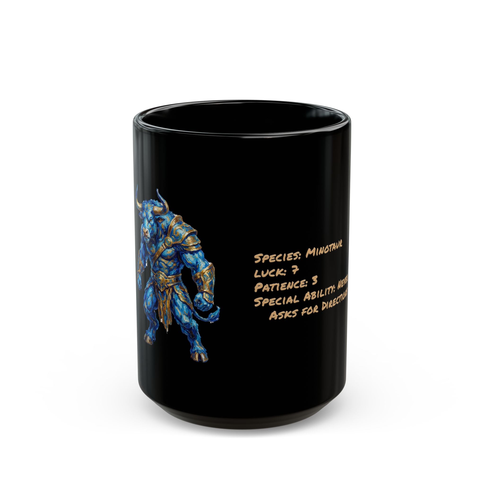 Minotaur Stats Card Black Coffee Mug (15oz)