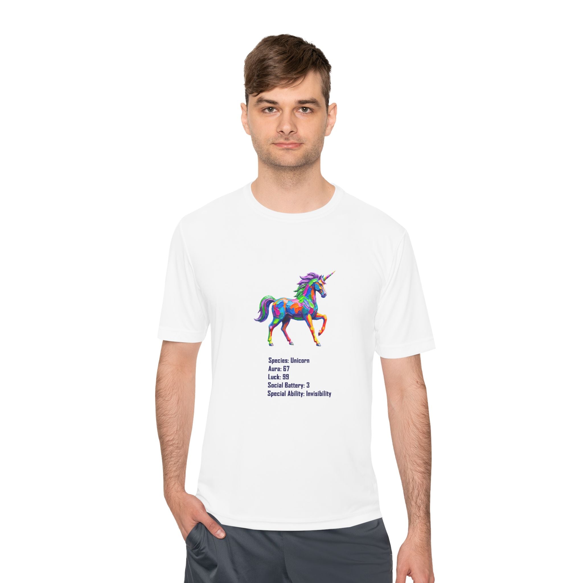 Unicorn Stat Card Moisture Wicking Shirt — "Special Ability: Invisibility"