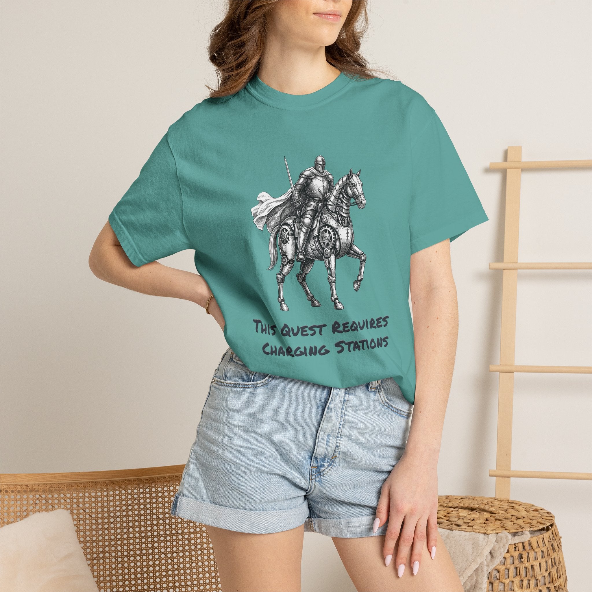 Knight & His Steed T‑Shirt — “This Quest Requires Charging Stations" Tee