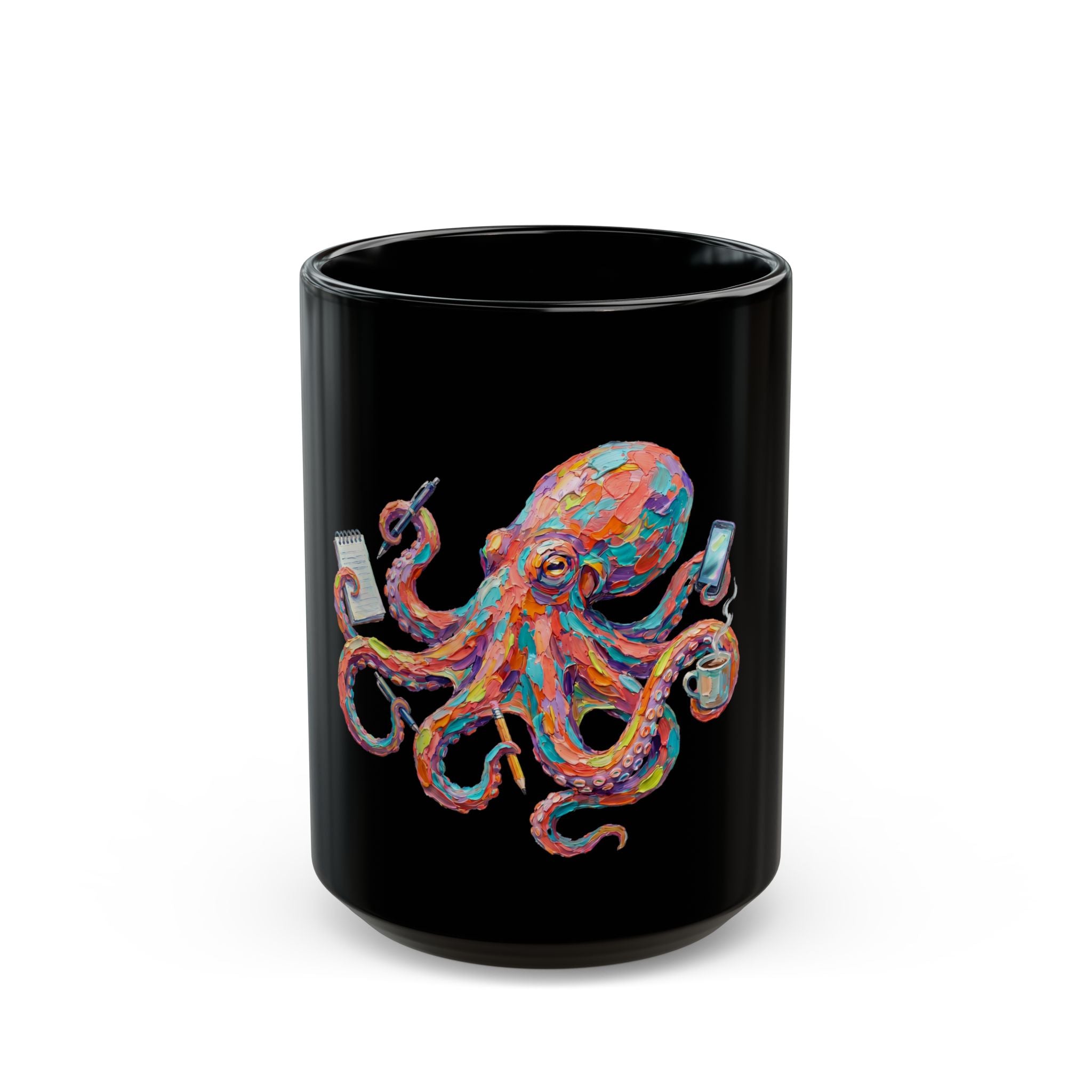 Rainbow Octopus Multitasking Black Coffee Mug (Personalize, 15oz)