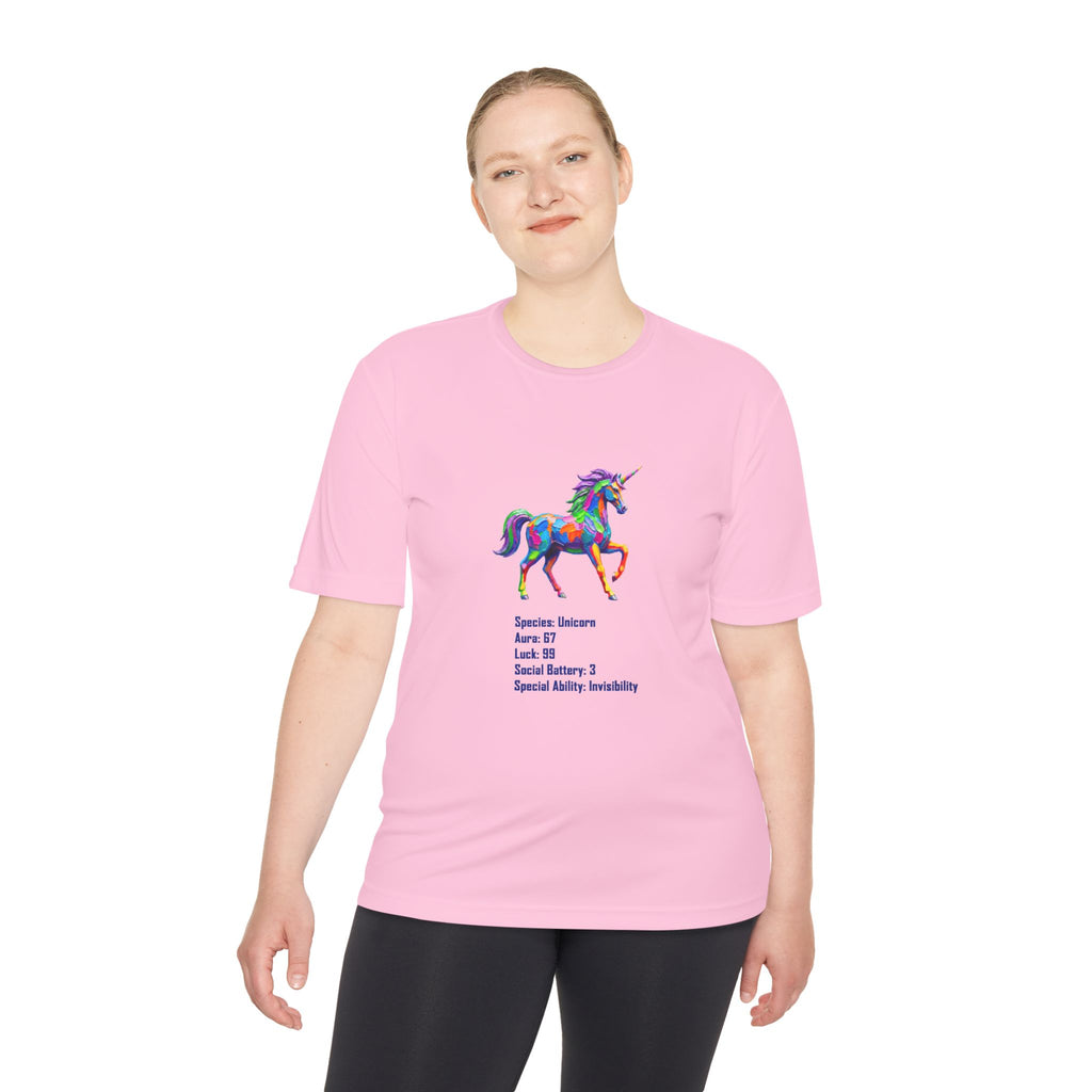 Unicorn Stat Card Moisture Wicking Shirt — "Special Ability: Invisibility"