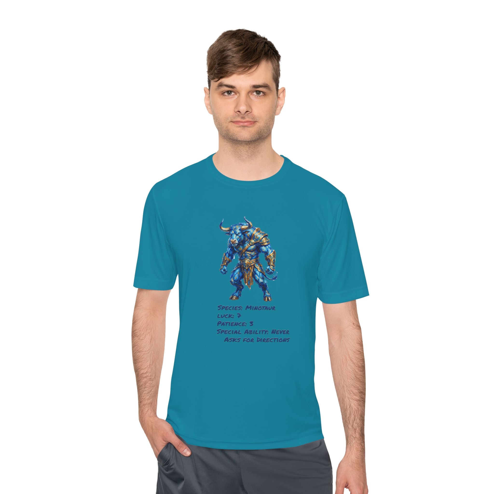 Minotaur RPG Character Moisture Wicking Shirt — "Special Ability: Never Asks for Directions"