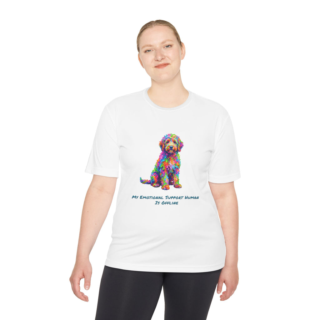 Rainbow Goldendoodle Performance Shirt — Colorful Dog Graphic Tee (My Emotional Support Human Is Offline)