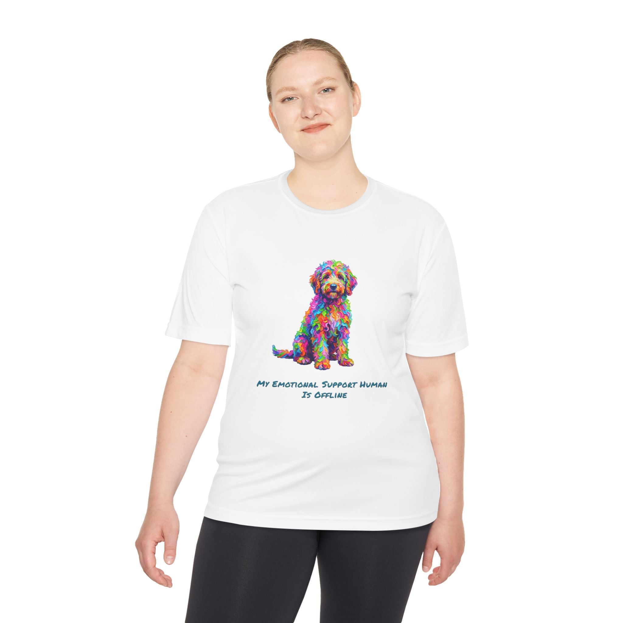 Rainbow Goldendoodle Performance Shirt — Colorful Dog Graphic Tee (My Emotional Support Human Is Offline)