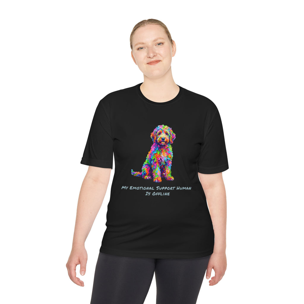 Rainbow Goldendoodle Performance Shirt — Colorful Dog Graphic Tee (My Emotional Support Human Is Offline)