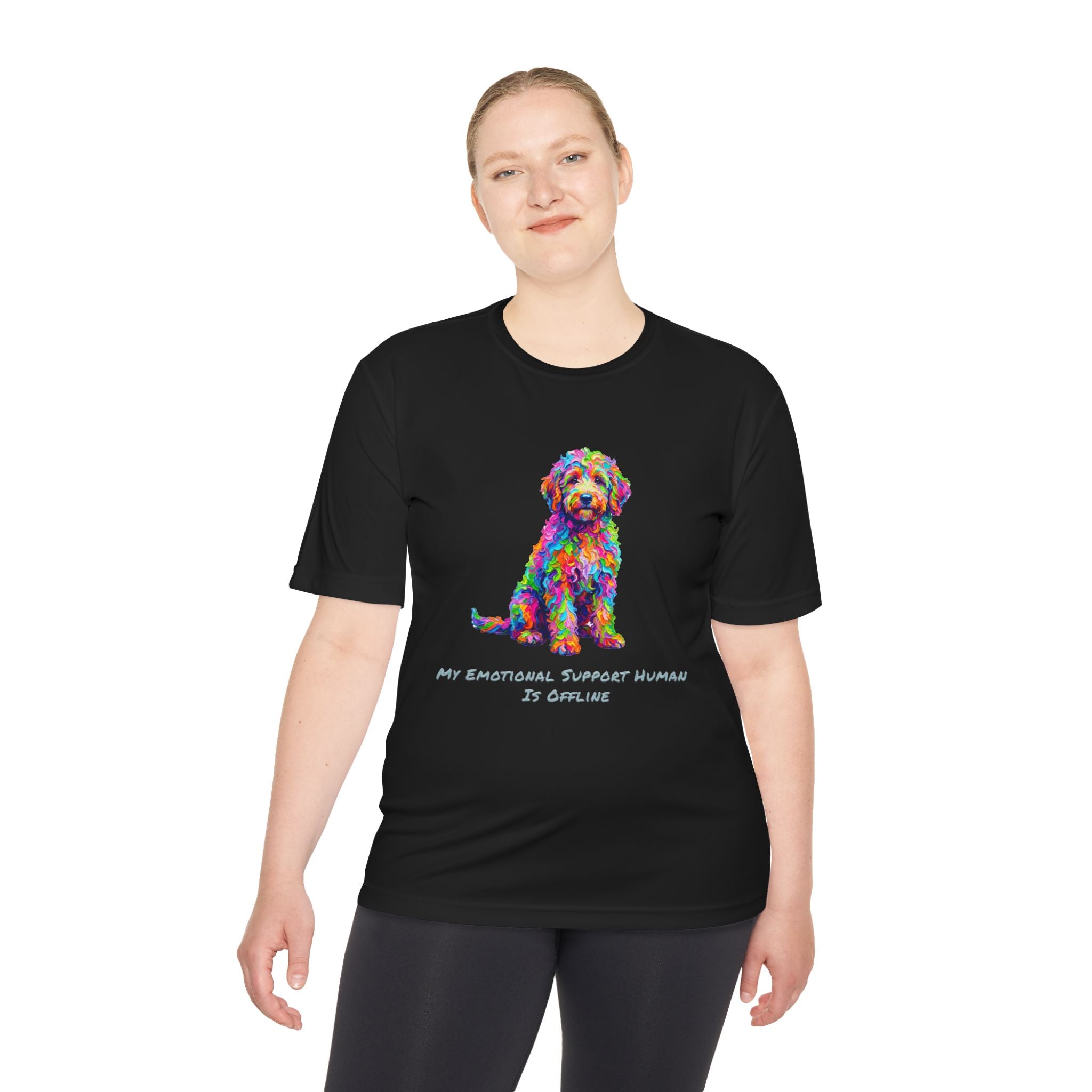Rainbow Goldendoodle Performance Shirt — Colorful Dog Graphic Tee (My Emotional Support Human Is Offline)