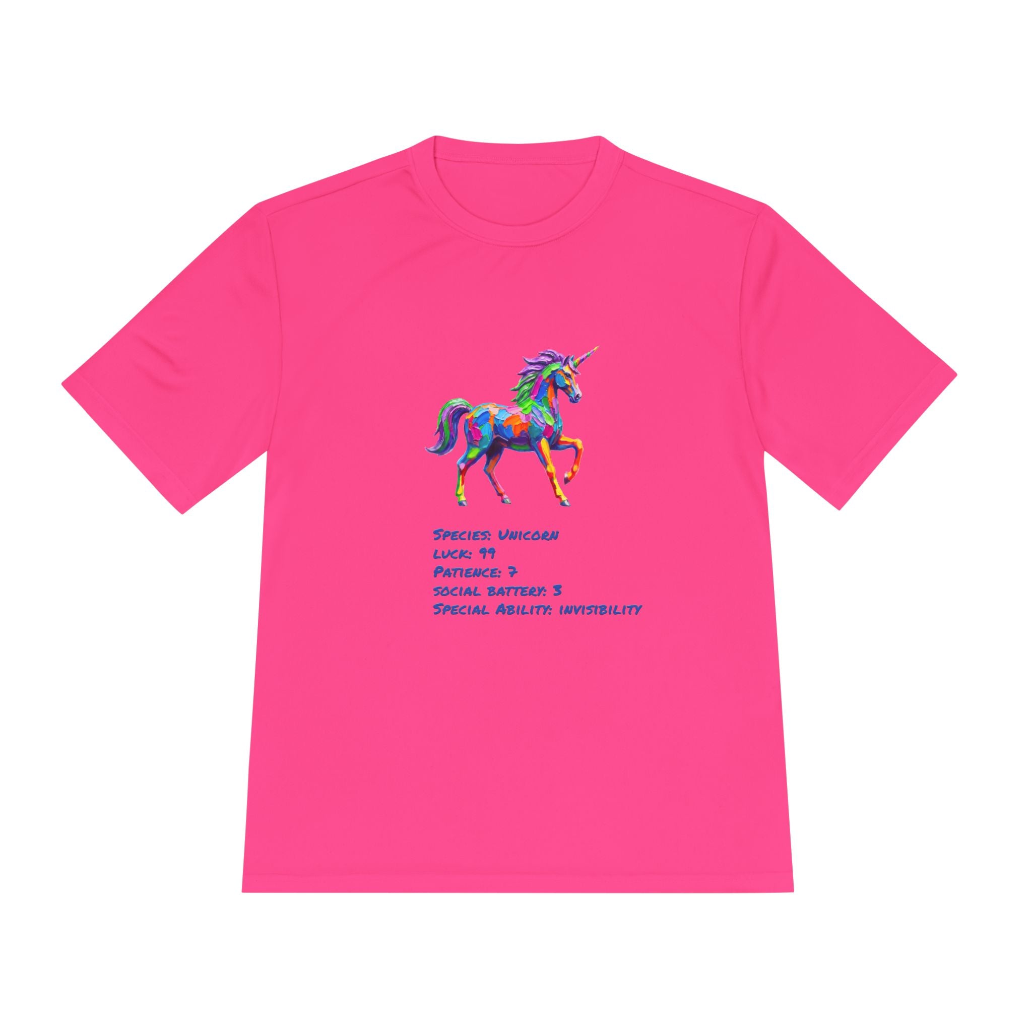 Unicorn Stat Card Moisture Wicking Shirt — "Special Ability: Invisibility"