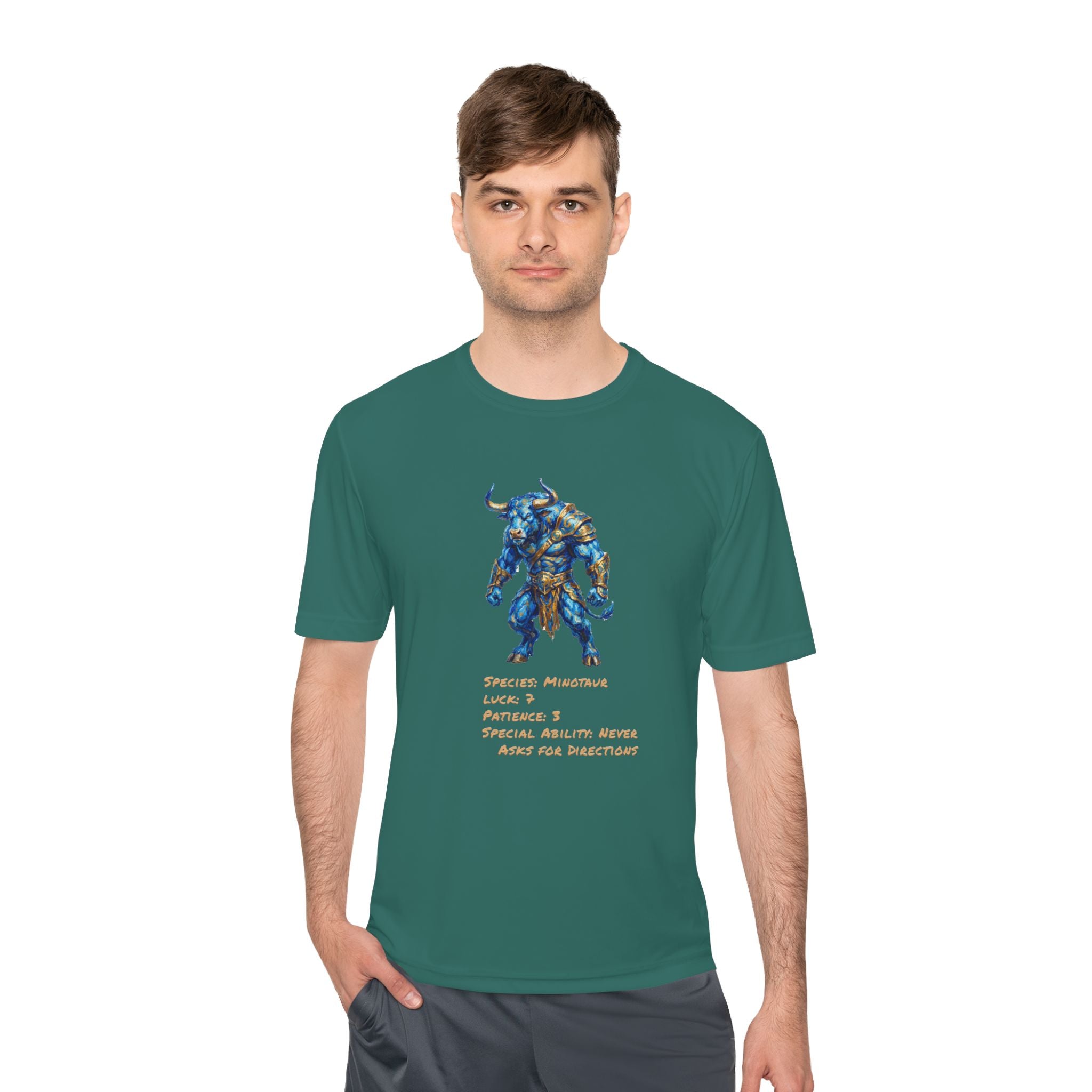 Minotaur RPG Character Moisture Wicking Shirt — "Special Ability: Never Asks for Directions"