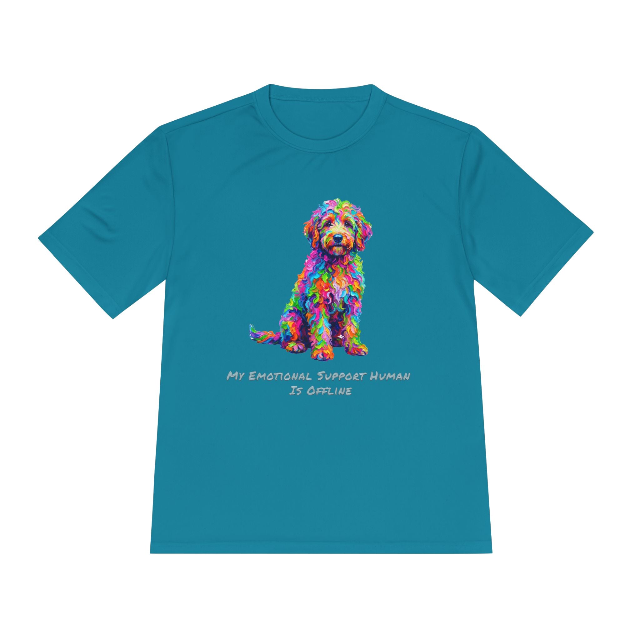 Rainbow Goldendoodle Performance Shirt — Colorful Dog Graphic Tee (My Emotional Support Human Is Offline)