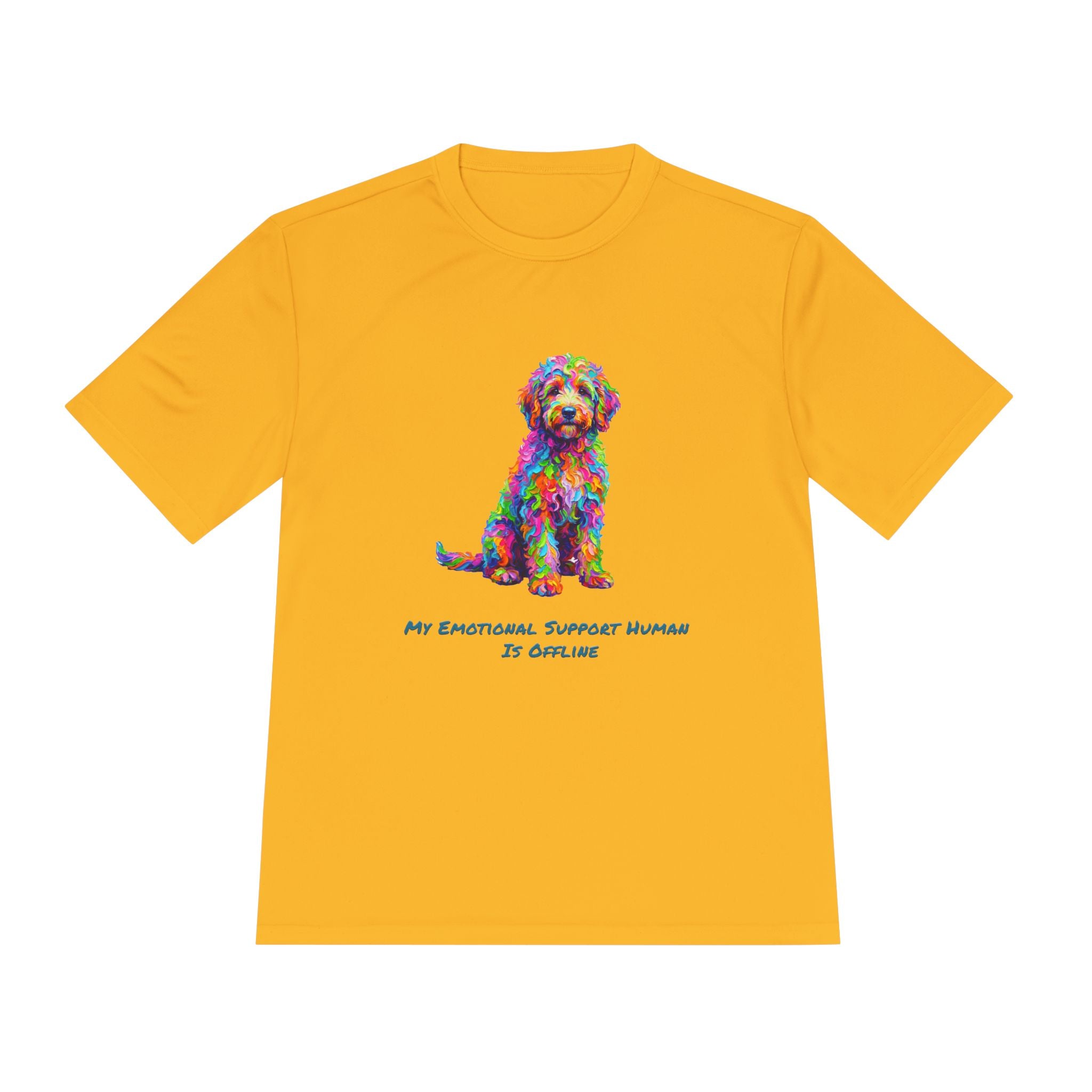 Rainbow Goldendoodle Performance Shirt — Colorful Dog Graphic Tee (My Emotional Support Human Is Offline)
